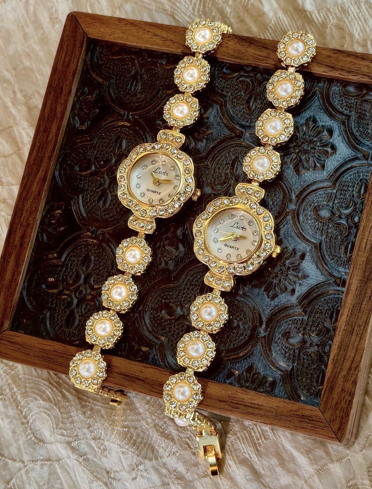 Gold French Vintage Style Unique Dainty Women’s Wrist Watch Camellia Design