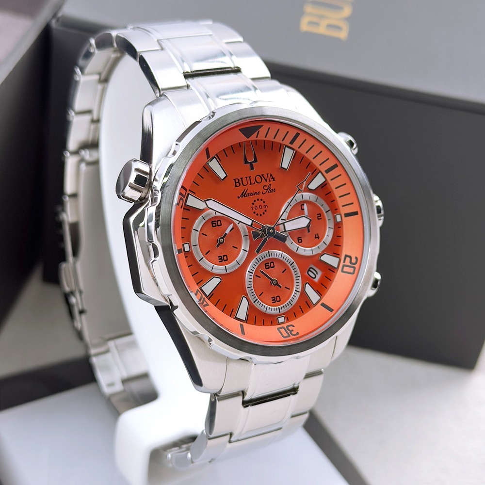 Bulova Men’s Marine Star Chronograph Orange Dial Stainless Quartz Watch 96B395