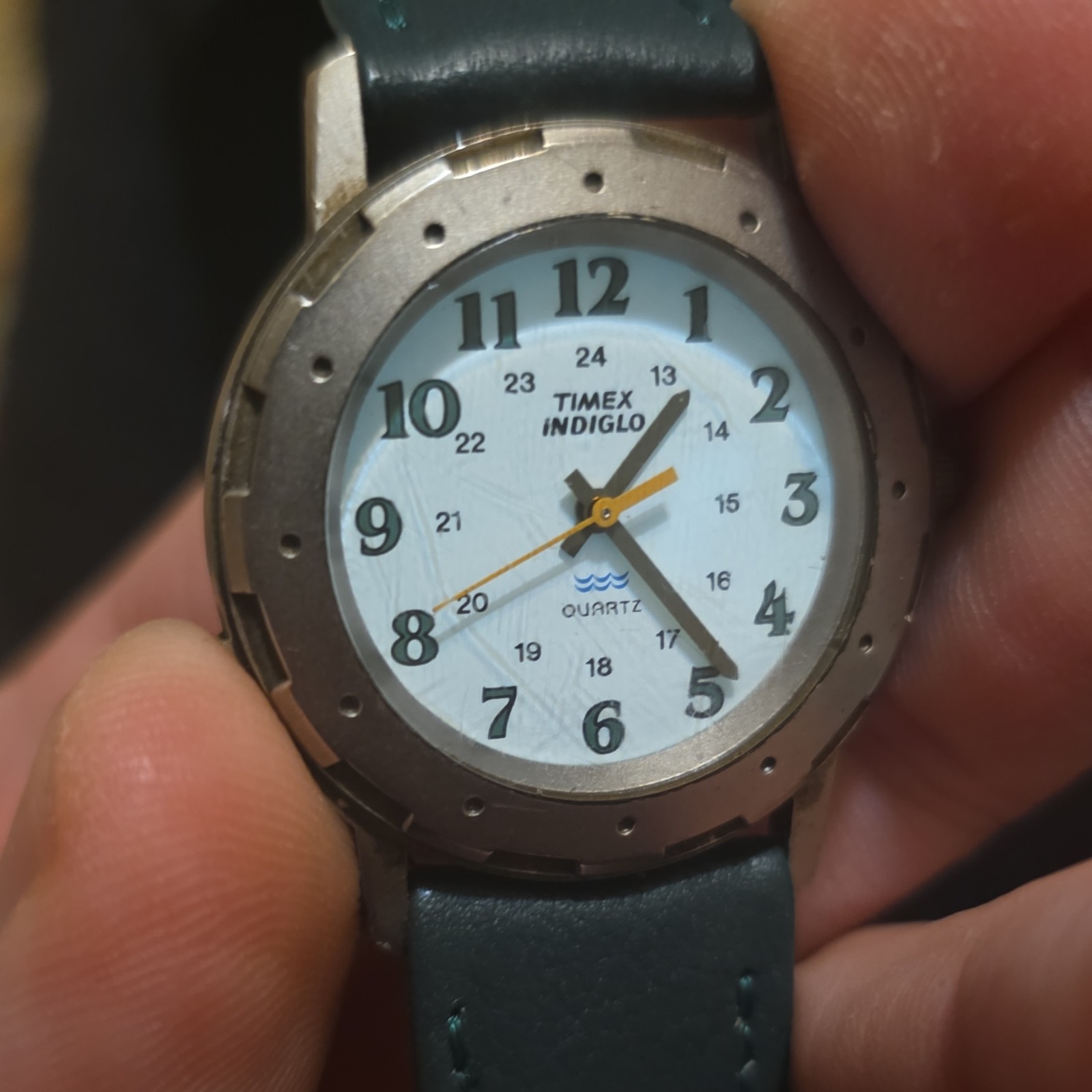 Timex Indiglo Quartz Analog Watch White Dial Arabic Numerals Green Leather Strap