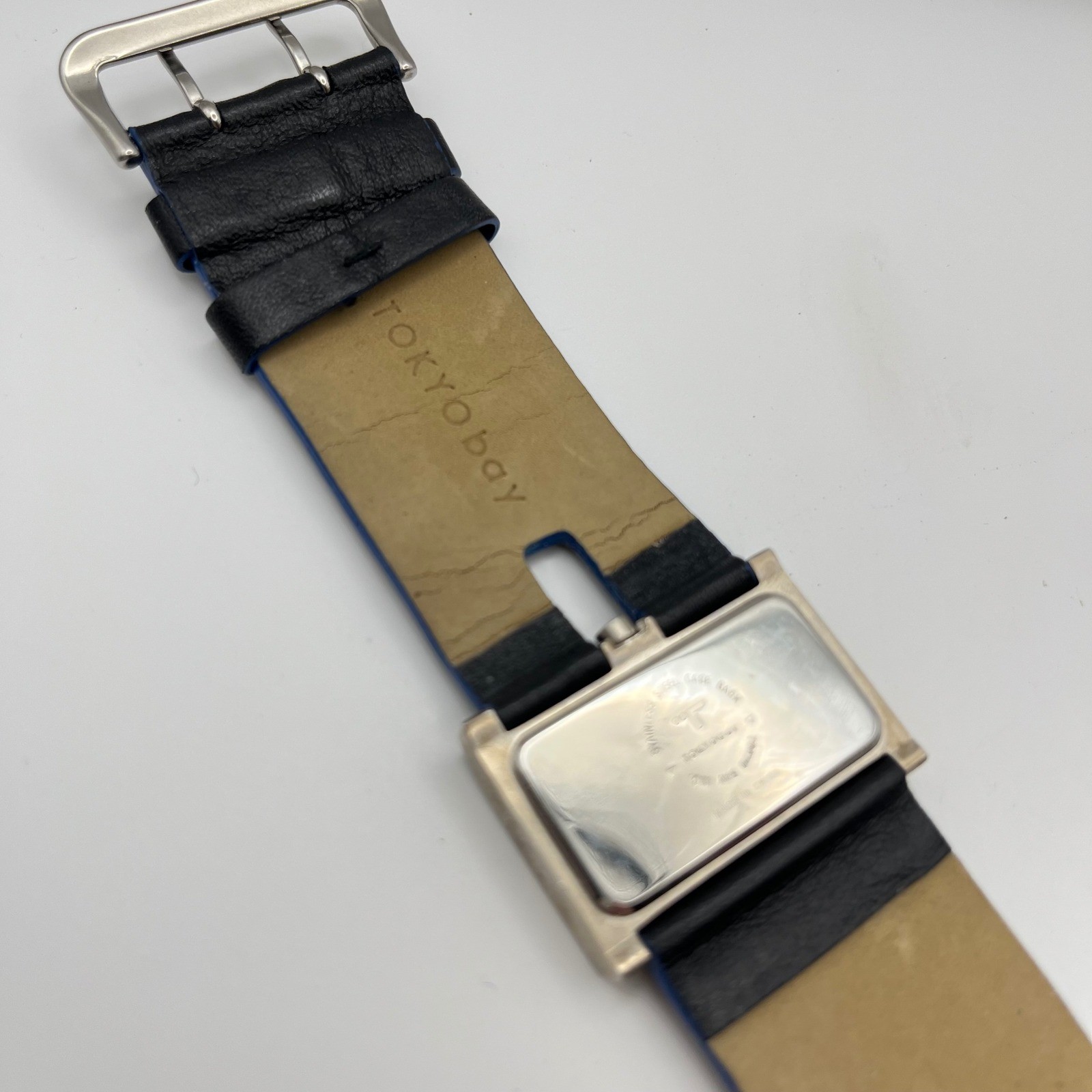 TOKYObay Rectangular Watch Black Leather Wide Strap Blue Accents Brushed Silver