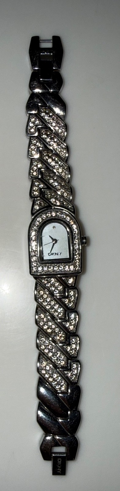 Vintage DKNY Crystal Pave D Logo Link Bracelet Watch Stainless Steel As Is