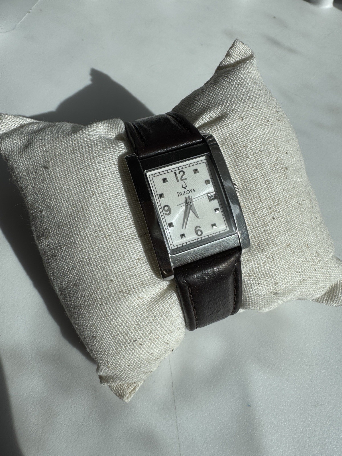 Bulova C867805 Tank Style White Dial Quartz Watch New Battery Leather Band