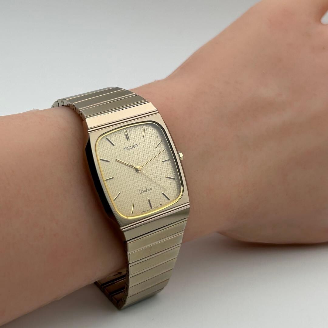 SEIKO Dolce 9531-5140 Gold Quartz Dress Watch Herringbone Dial 1987 Running