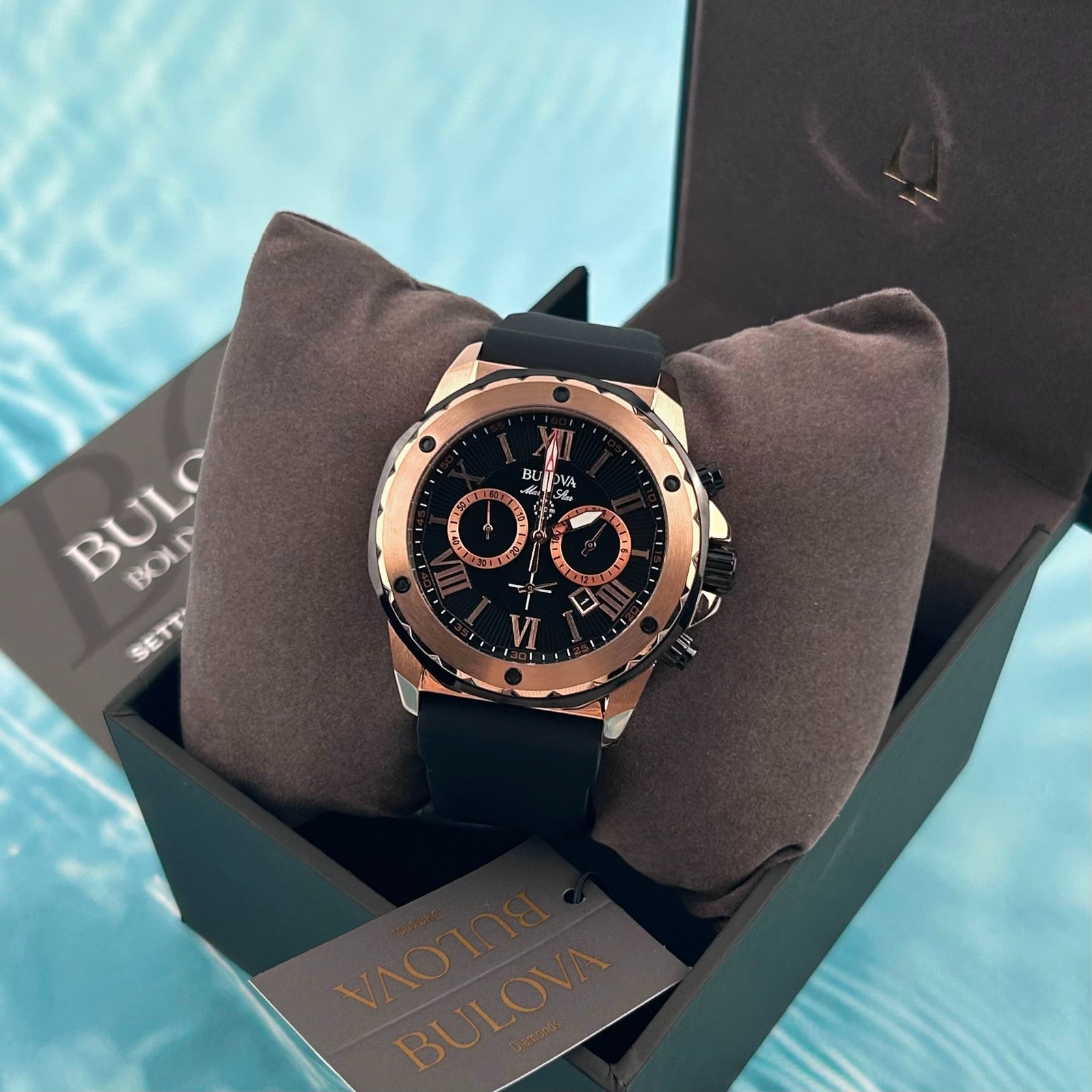 Bulova 98B104 Men’s Marine Star Black Dial Black Rubber Strap Quartz Watch