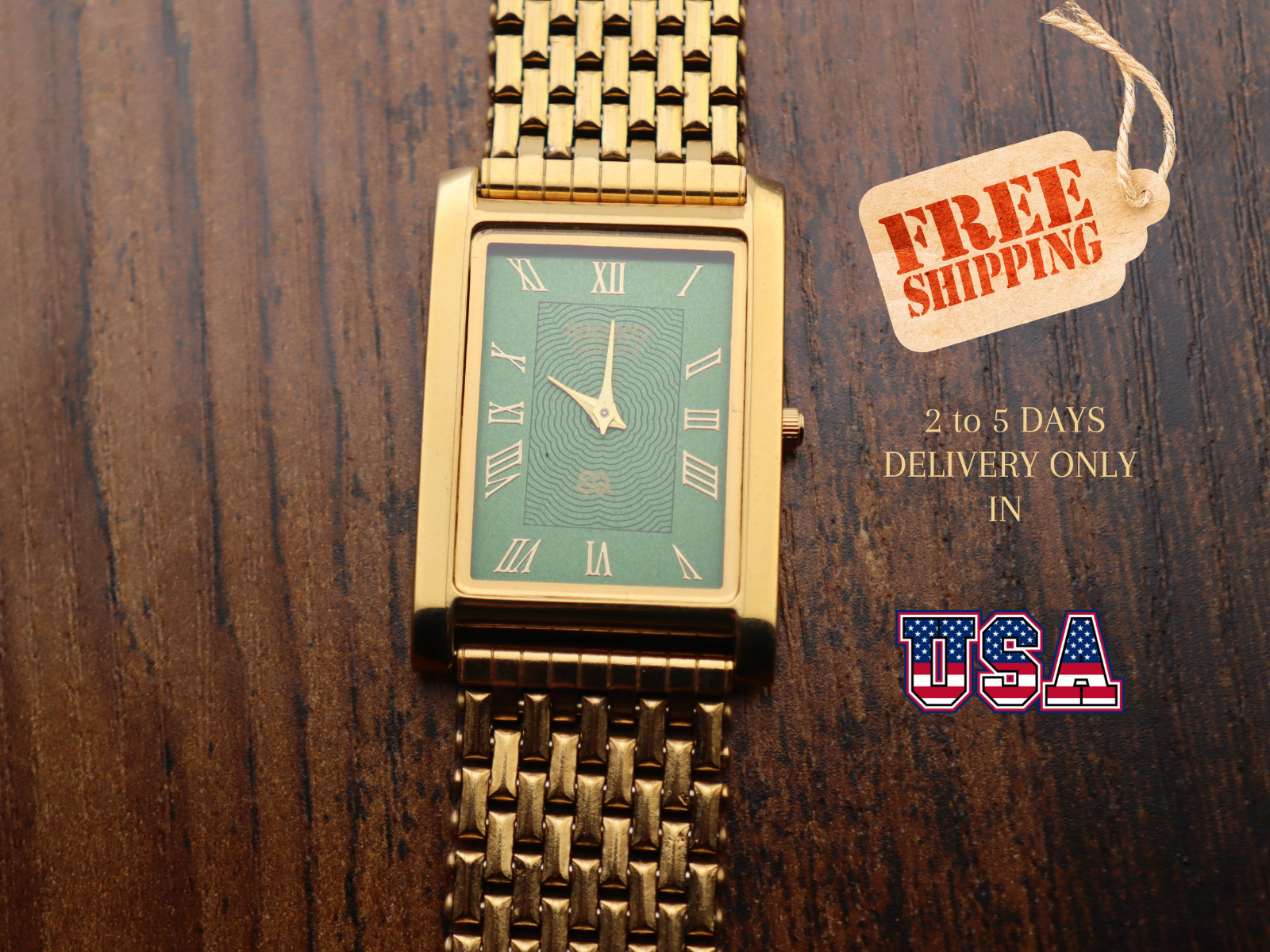 Seiko Slim Quartz Men Green Dial Gold Strap Dress Vintage Watch