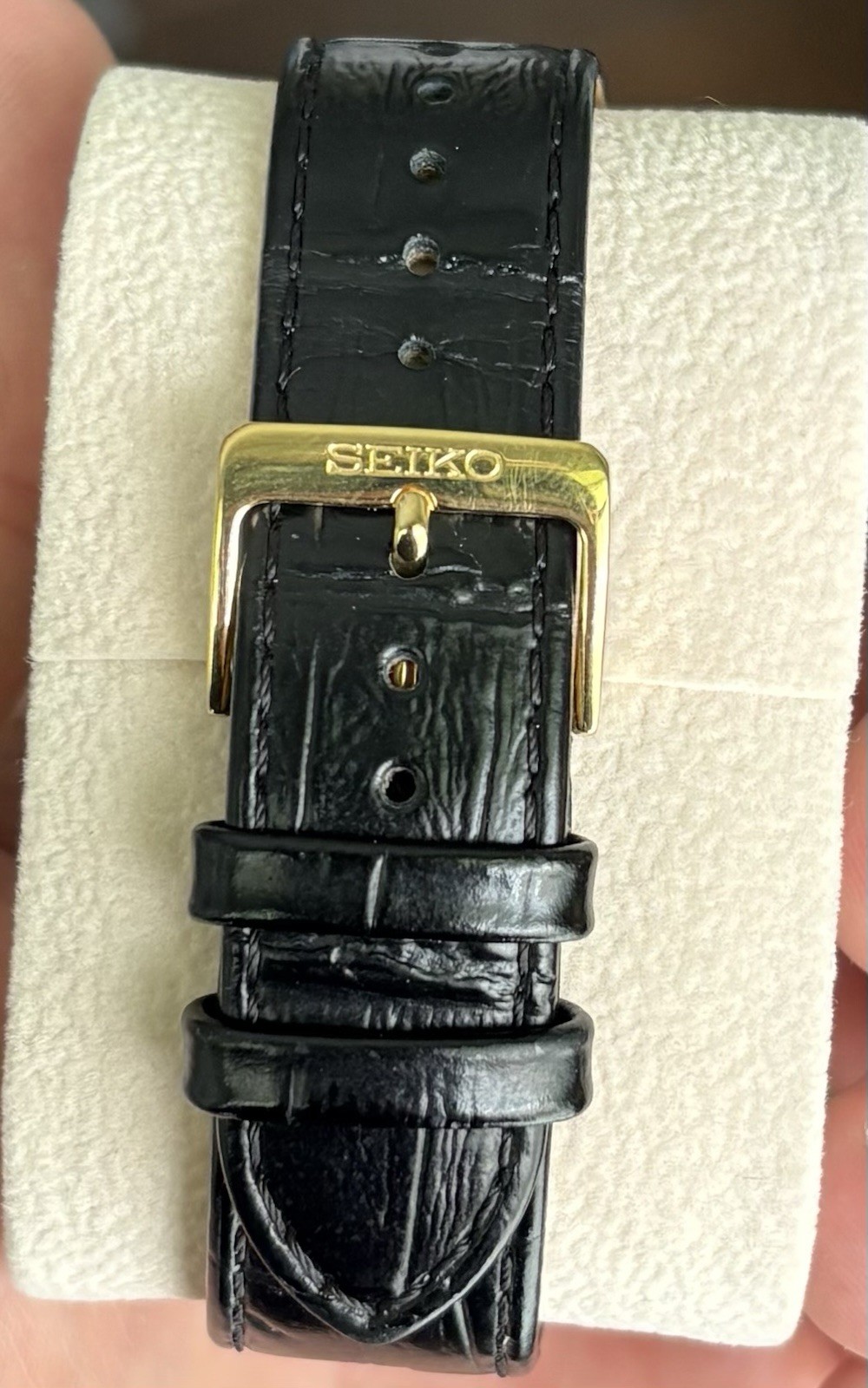 Seiko Rectangular Quartz Dress Watch White Roman Dial Gold Steel Black Leather