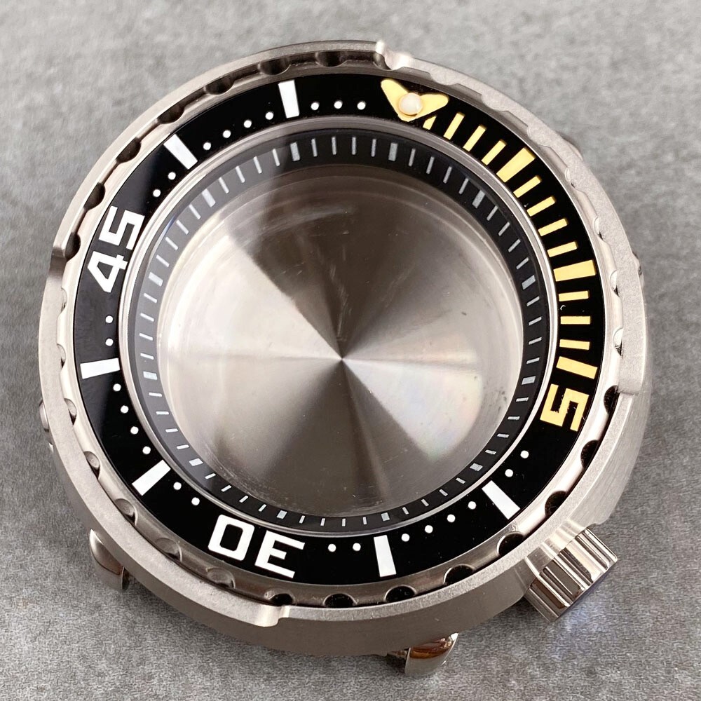 30ATM Diver 46.5mm Black Yellow Bezel Watch Case Fit NH35A NH36 4 o’clock Crown