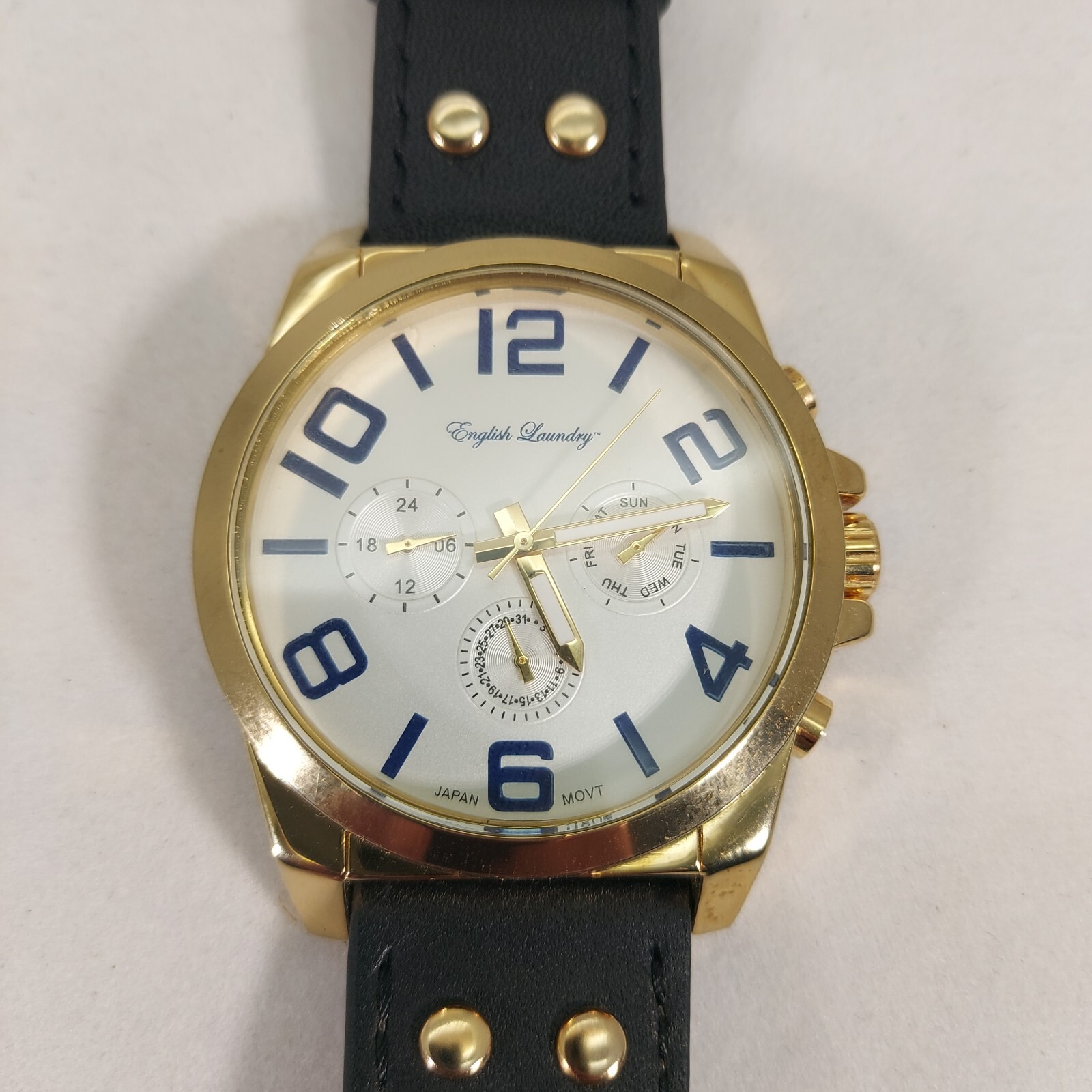 English Laundry Mens Watch EL7593 Stainless Steel with Leather Band Lightly Worn