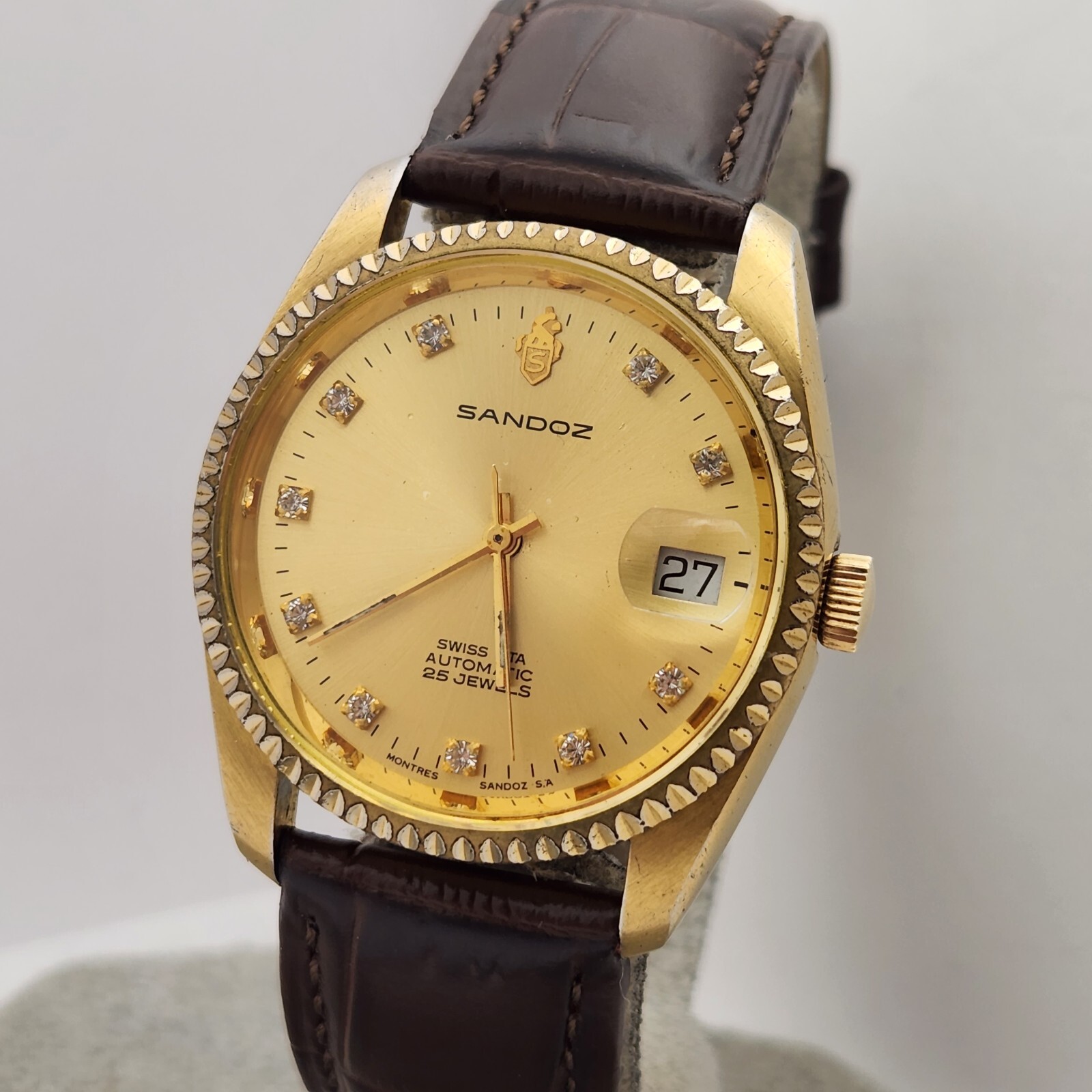 Vintage Sandoz men’s automatic watch 25Jewels diamond hour markers ETA 2824