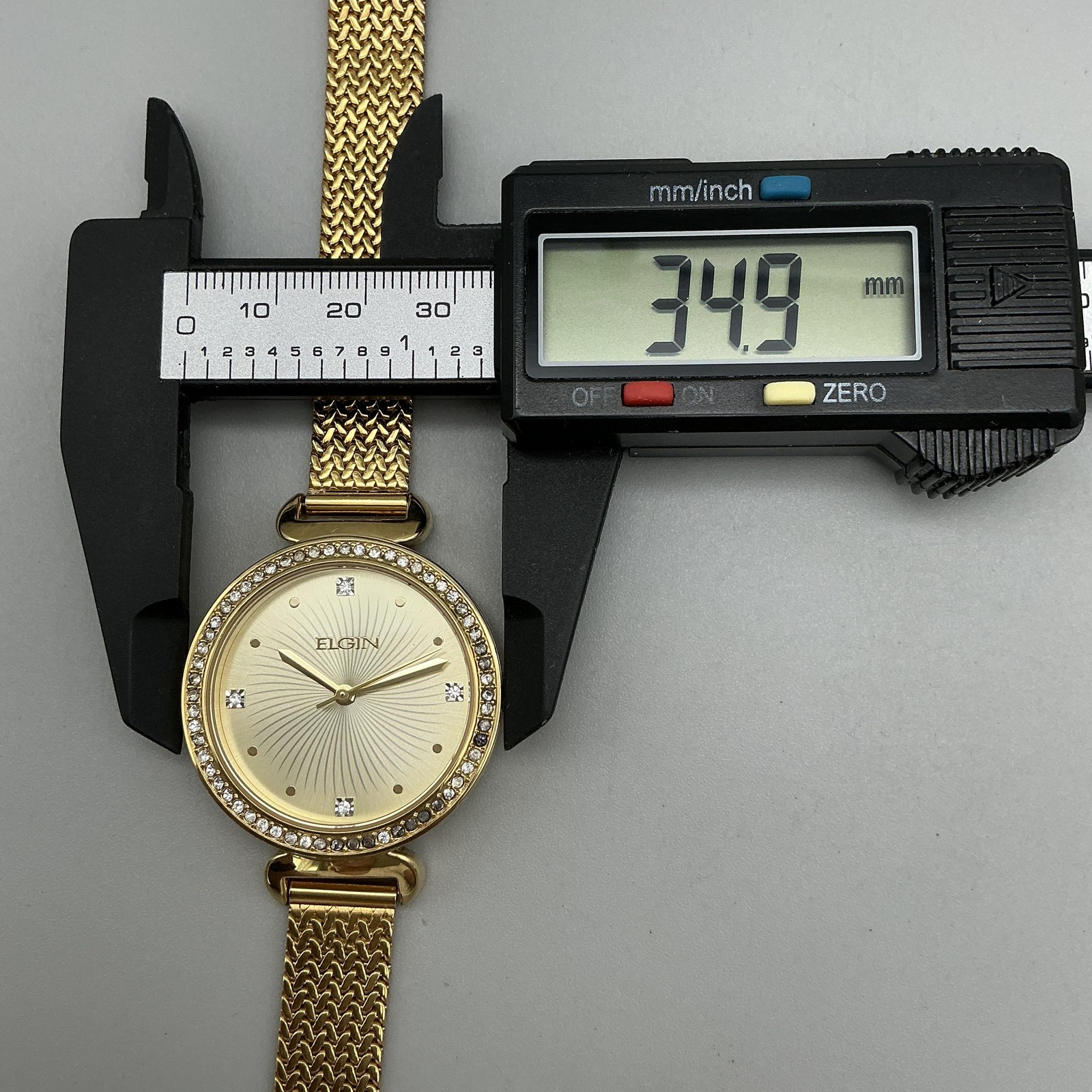 Elgin Womens Watch 35mm Champagne Dial Gold Crystals Mesh Band New Battery