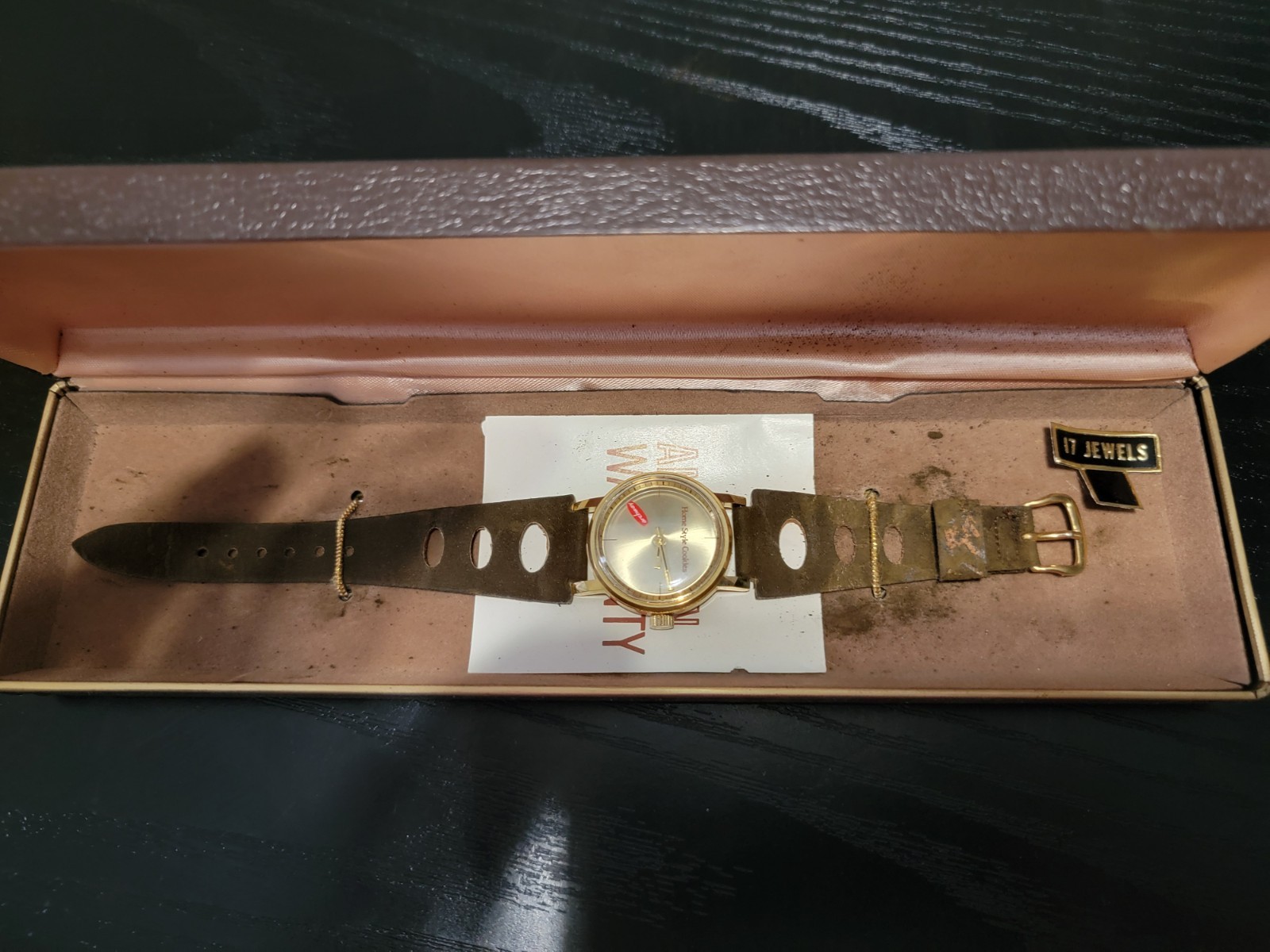Archway Cookies Vintage Manual Wind 17J Gold Case Brown Leather Strap w/ Box