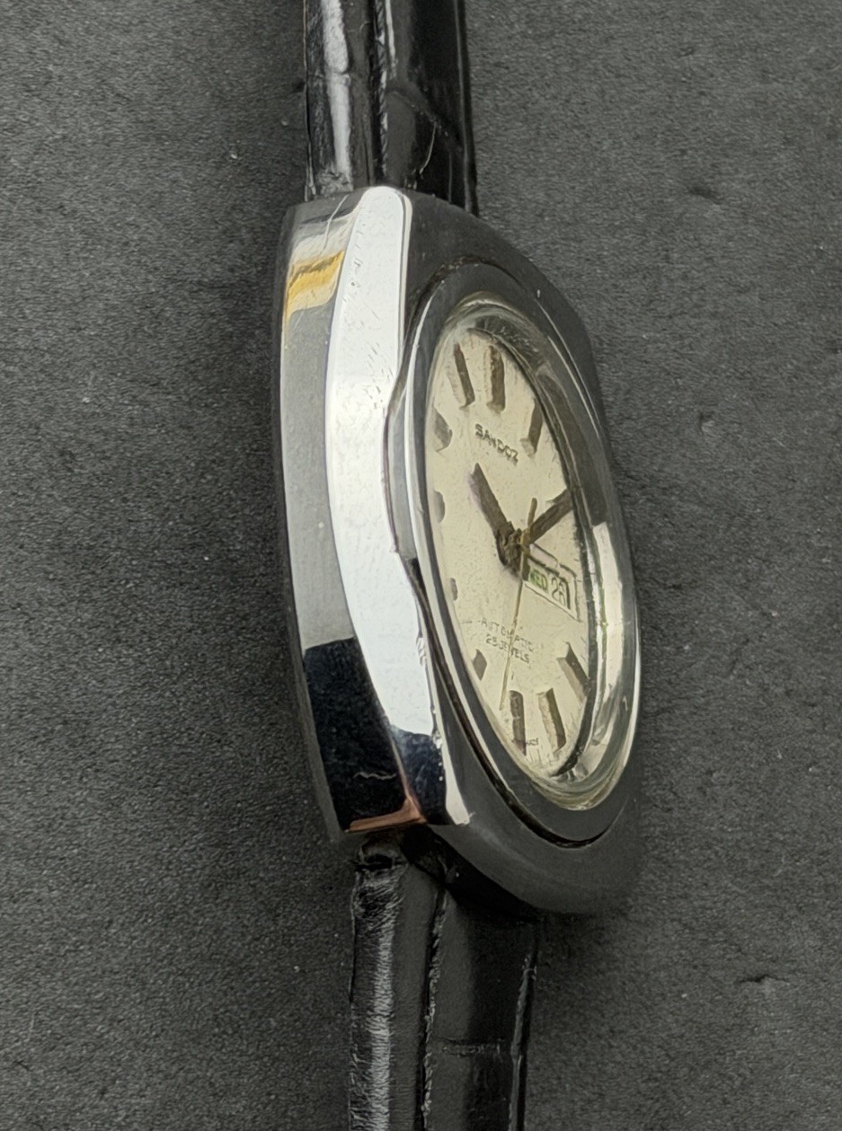 Vtg 1976 SANDOZ Day Date Men’s 40mm Automatic Watch 25 Jewels Steel Cream Dial
