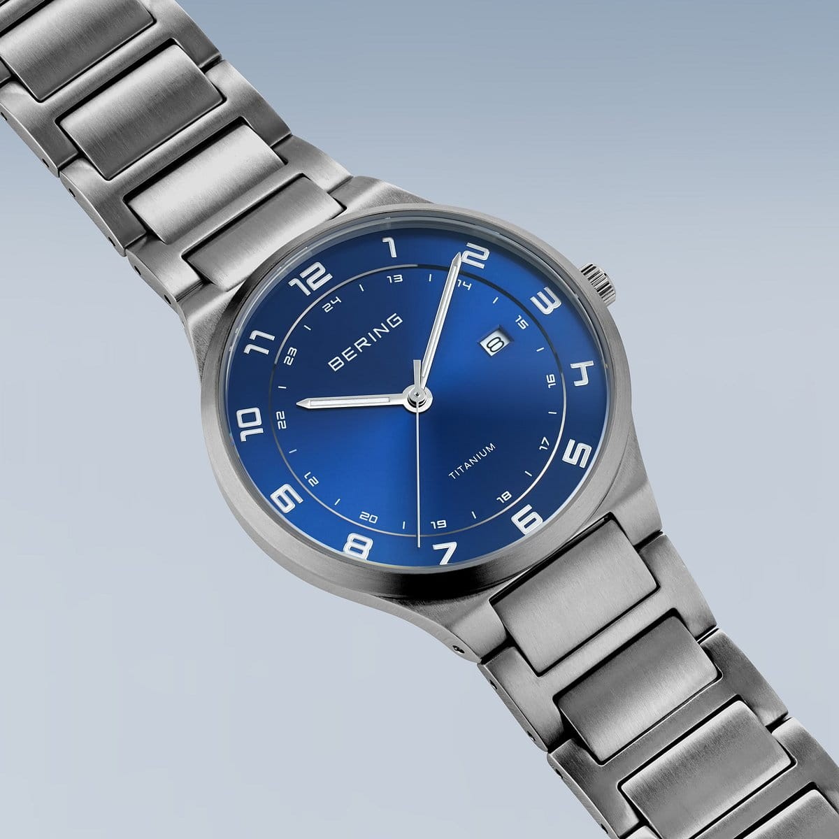 Bering Time – Mens Titanium Brushed Silver Watch w/ Blue Dial – 15139-707