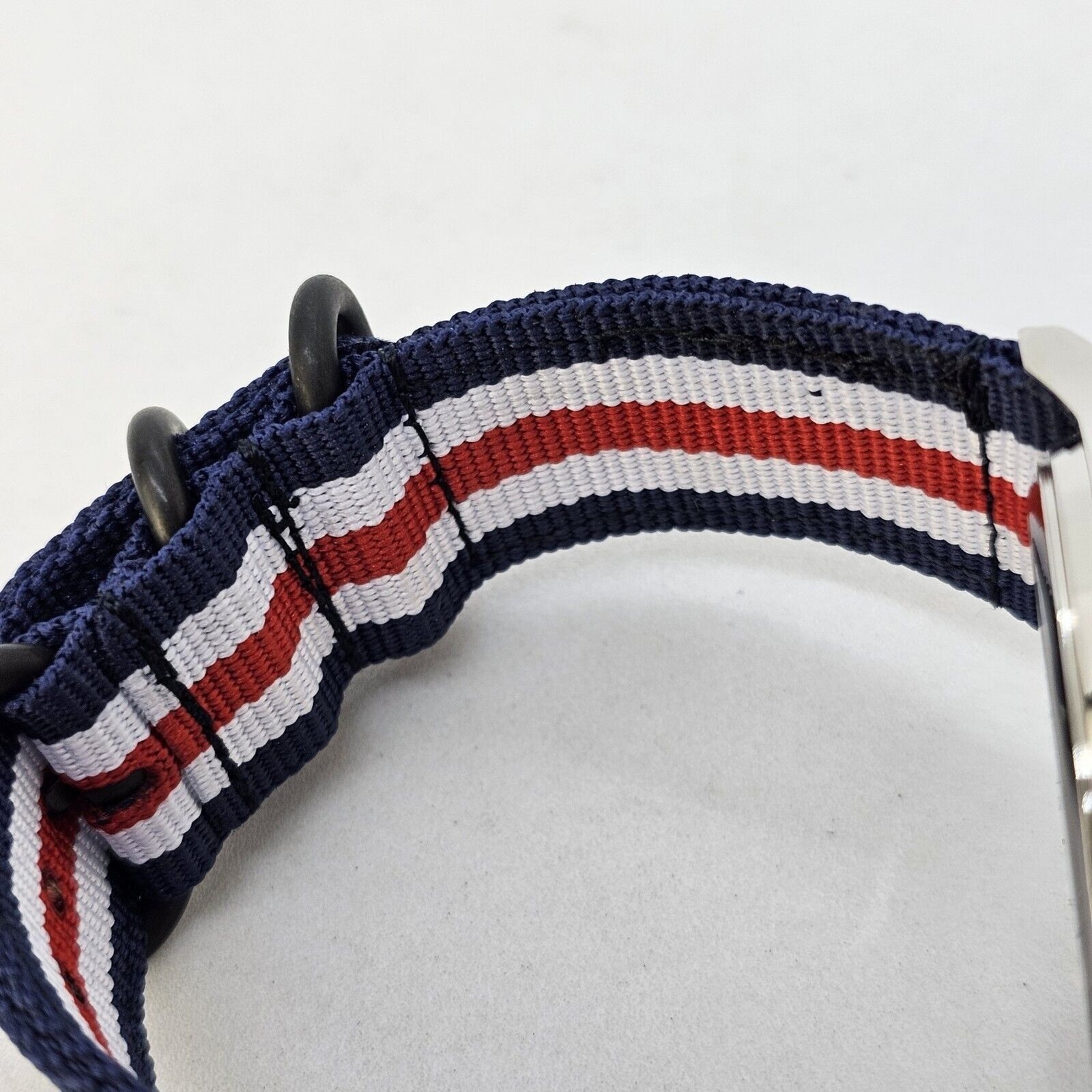 Men’s Field Military Watch 42MM Black Dial Blue White Red Canvas Band Straps