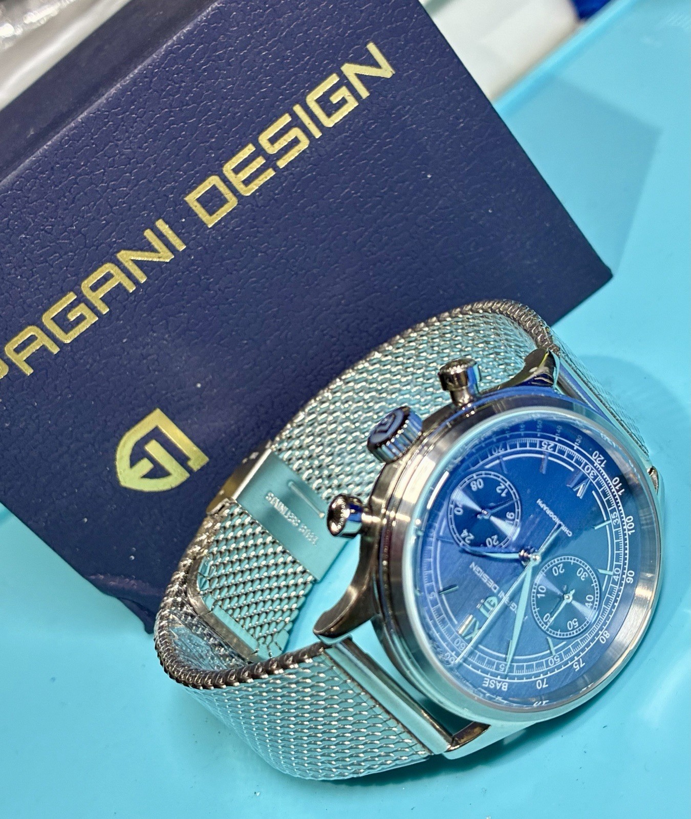 PAGANI DESIGN 40MM CHRONO VINTAGE STYLE BLUE BICOMPAX DIAL SEIKO VK64 QUARTZ