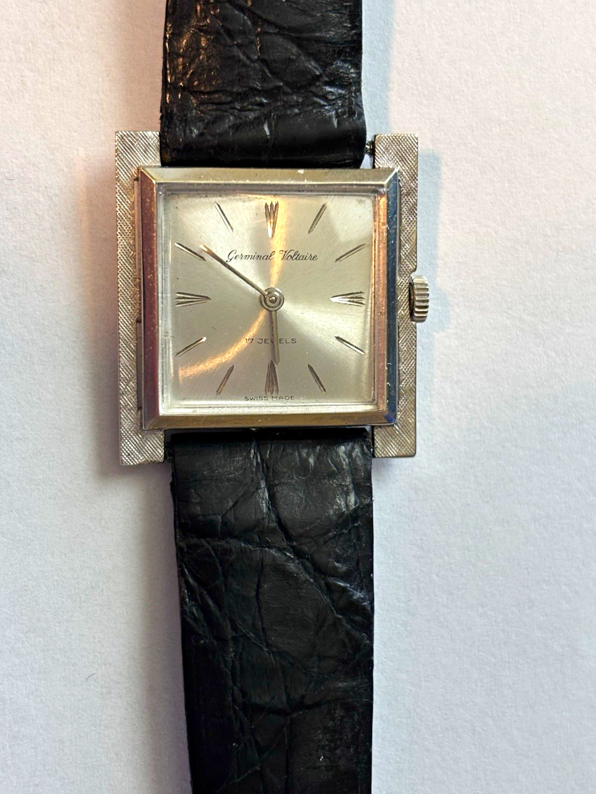 14k White Gold Germinal Voltaire Swiss 17J Square Manual Wind Mens Watch 7.5 GR