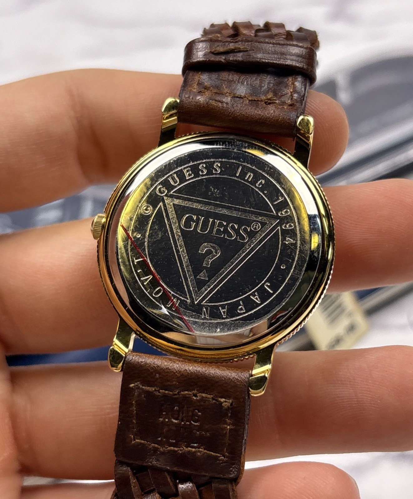 NEW Vintage Guess watch gold Blue face & brown logo band in original box 1993