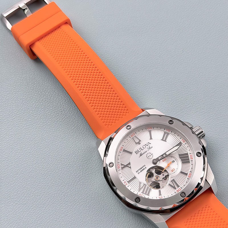 Bulova Marine Star 98A226 Automatic Men’s Watch White Dial Orange Silicone Strap