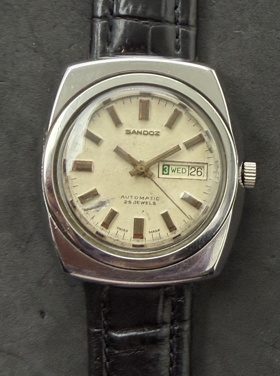 Vtg 1976 SANDOZ Day Date Men’s 40mm Automatic Watch 25 Jewels Steel Cream Dial