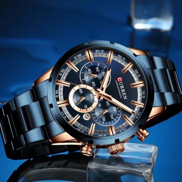 Blue Dial Men’s Quartz Watch Stainless Steel Band Date Display Waterproof Busine