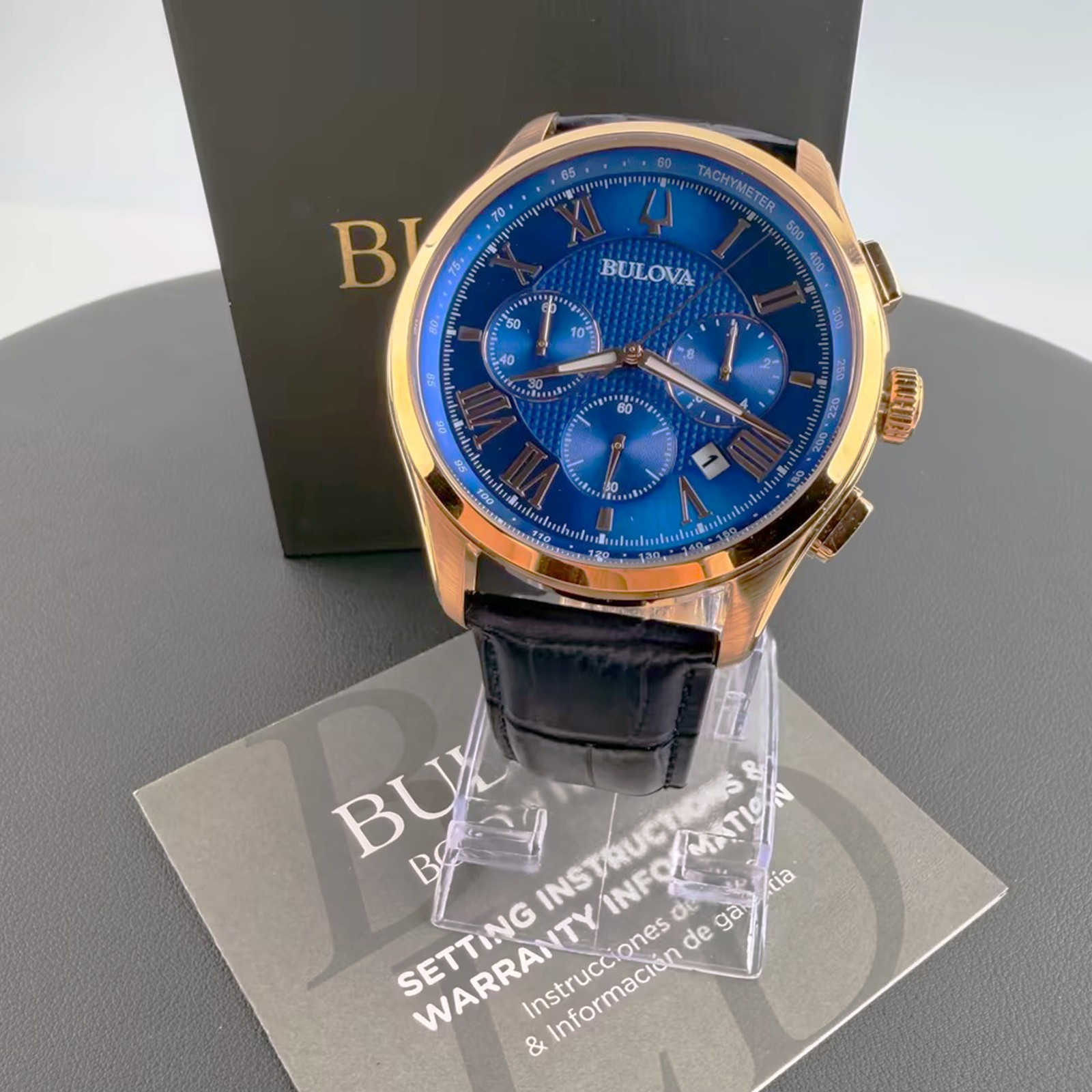 Men’s Bulova Wilton Blue Dial Leather Chronograph 97B170 Quartz New Watch 46.5mm