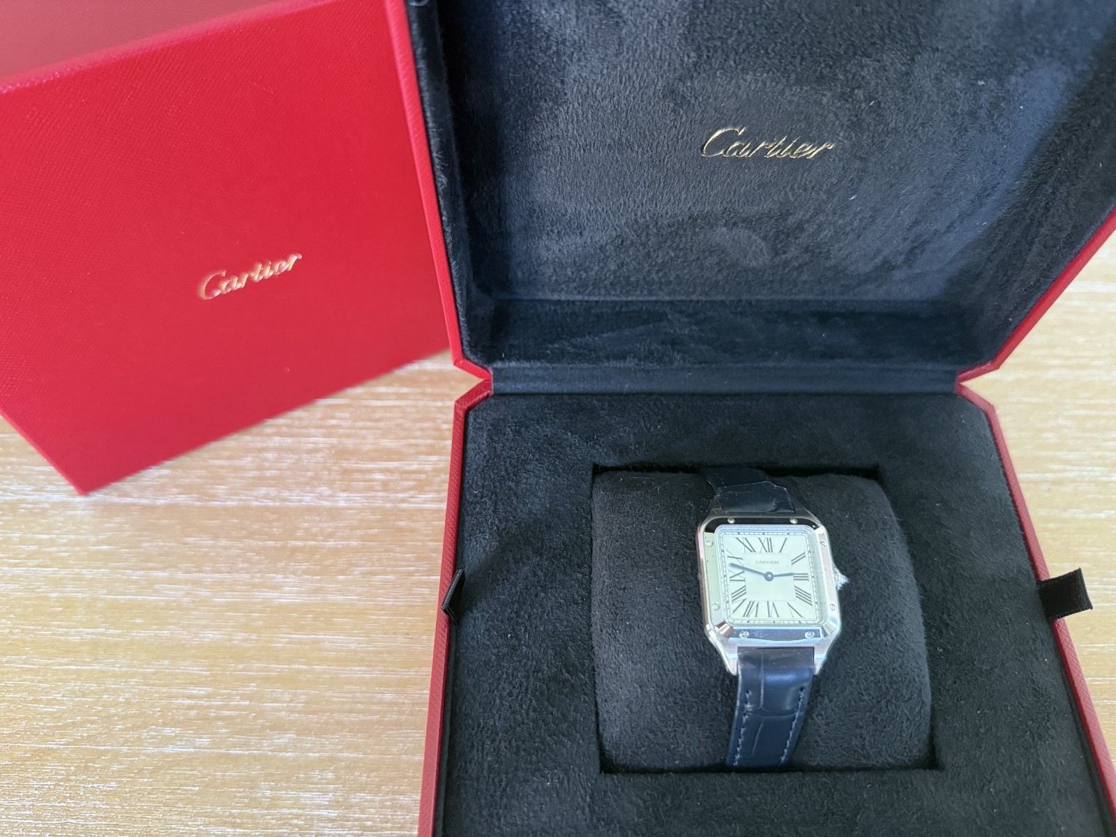Cartier Santos Dumont Silver Dial Blue Leather Strap Watch WSSA0086