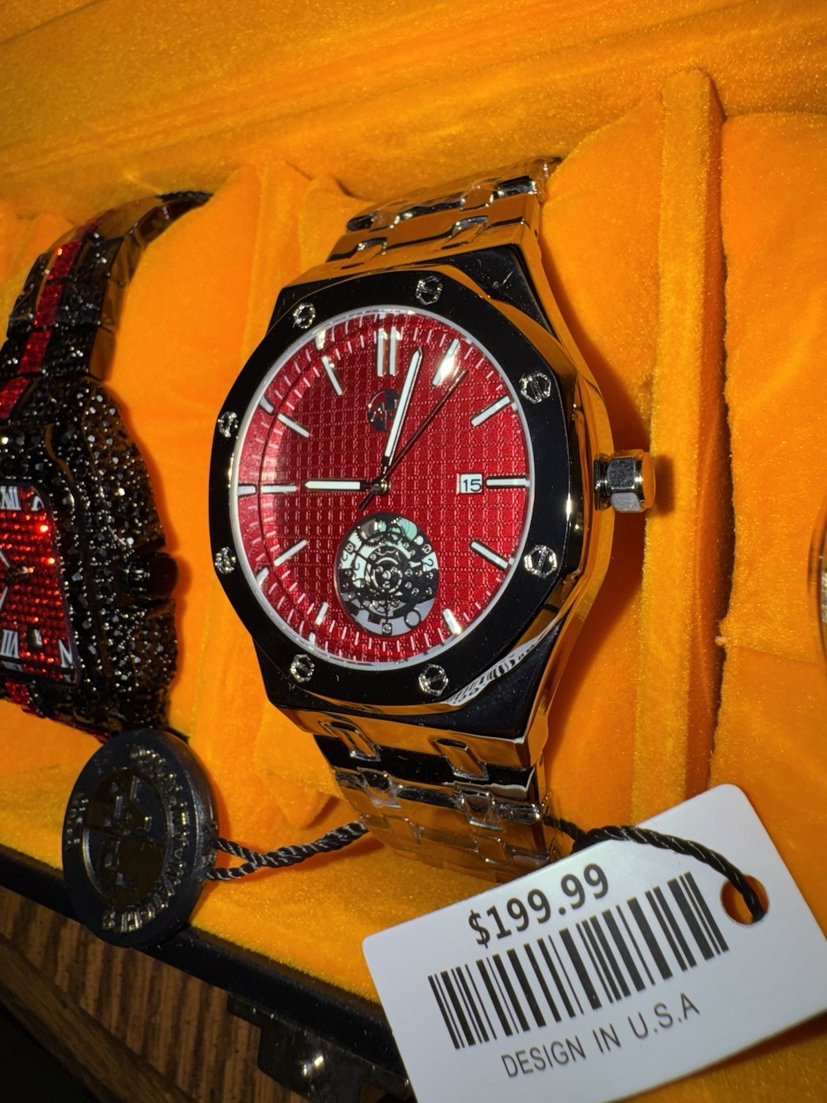 AJ Time-Master Men’s Octagon Red Textured Dial Quartz Date Silver Bracelet