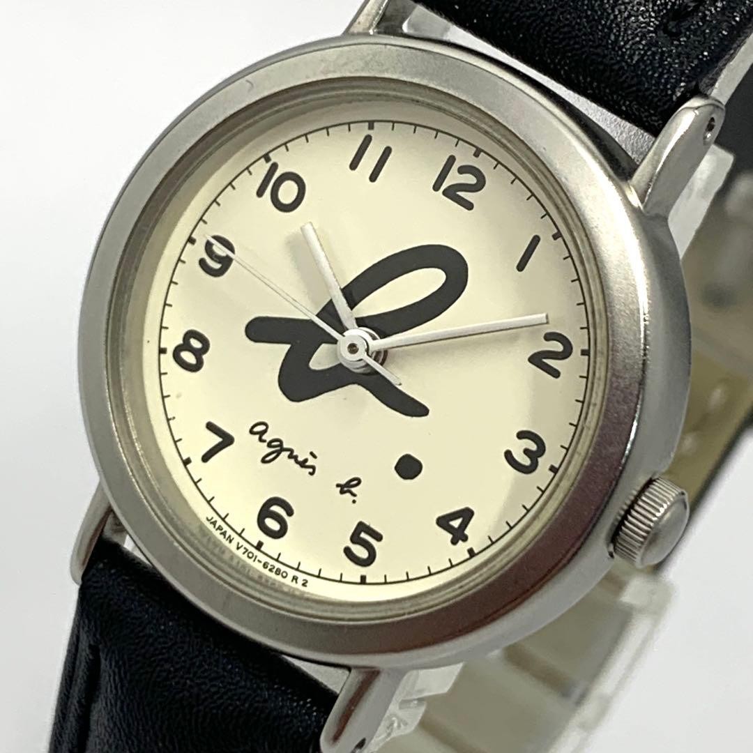 Agnes b. Quartz Analog Watch Black Leather Band Ivory Dial V701-6850