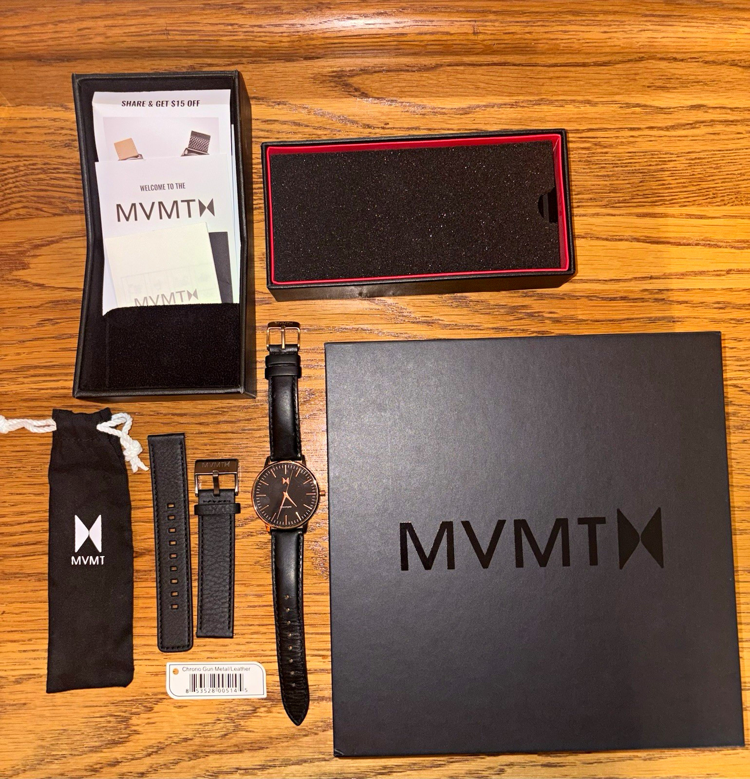 MVMT Boulevard Men’s Quartz Watch Black Dial Gold Case Black Leather, Box+Manual