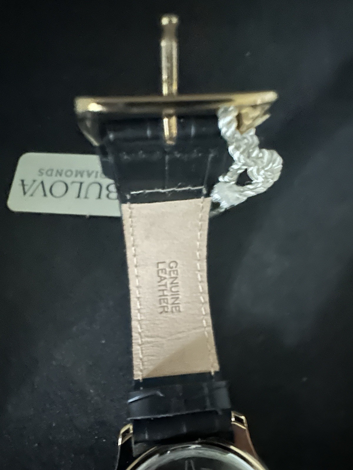 Bulova Diamonds Quartz Dress Watch Black Dial Gold Case Black Leather Strap Box