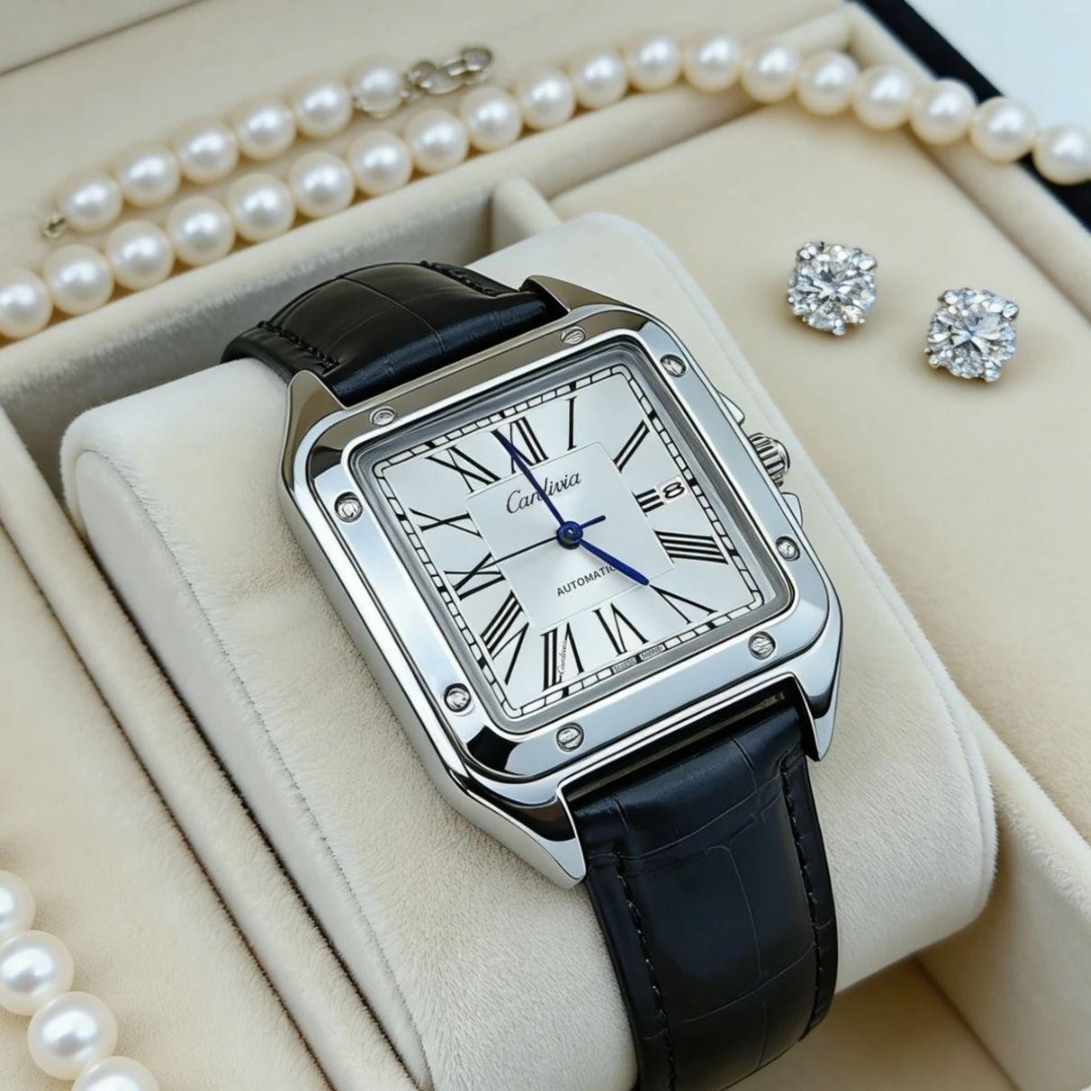 Men’s Square Quartz Watch Roman Numeral Leather Strap Date Waterproof Dress