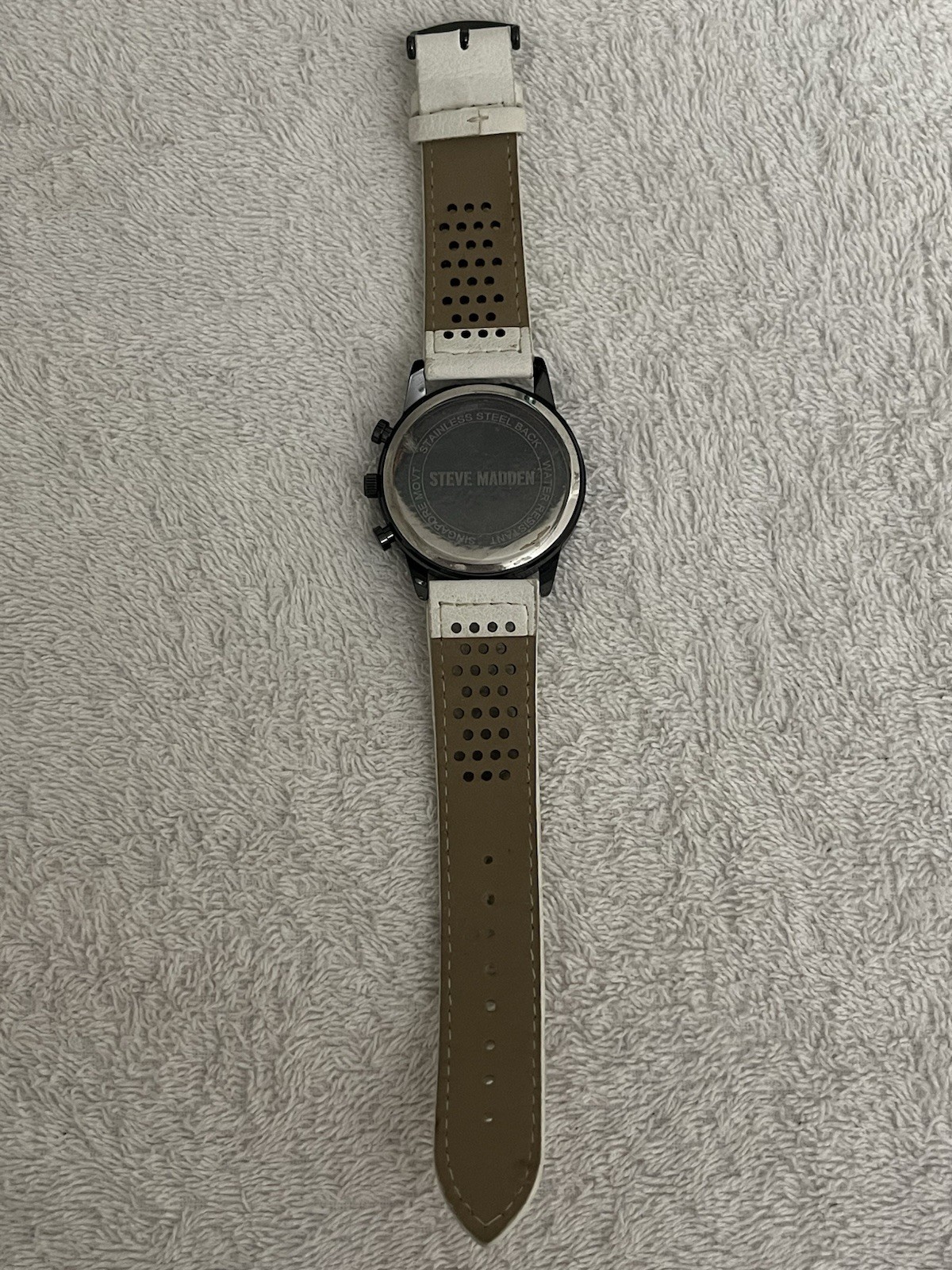 Steve Madden Chronograph Quartz Black Dial Black Case White Leather Strap