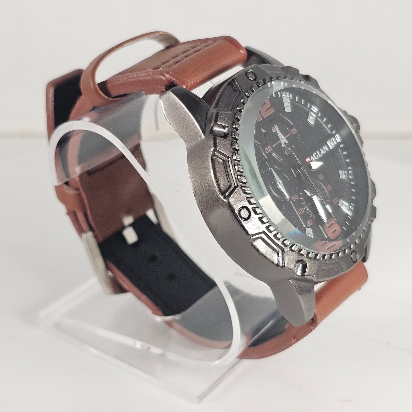 Raglan Men’s Quartz Watch Black Dial Brown Band 43.9mm Case Chrono Look NEW