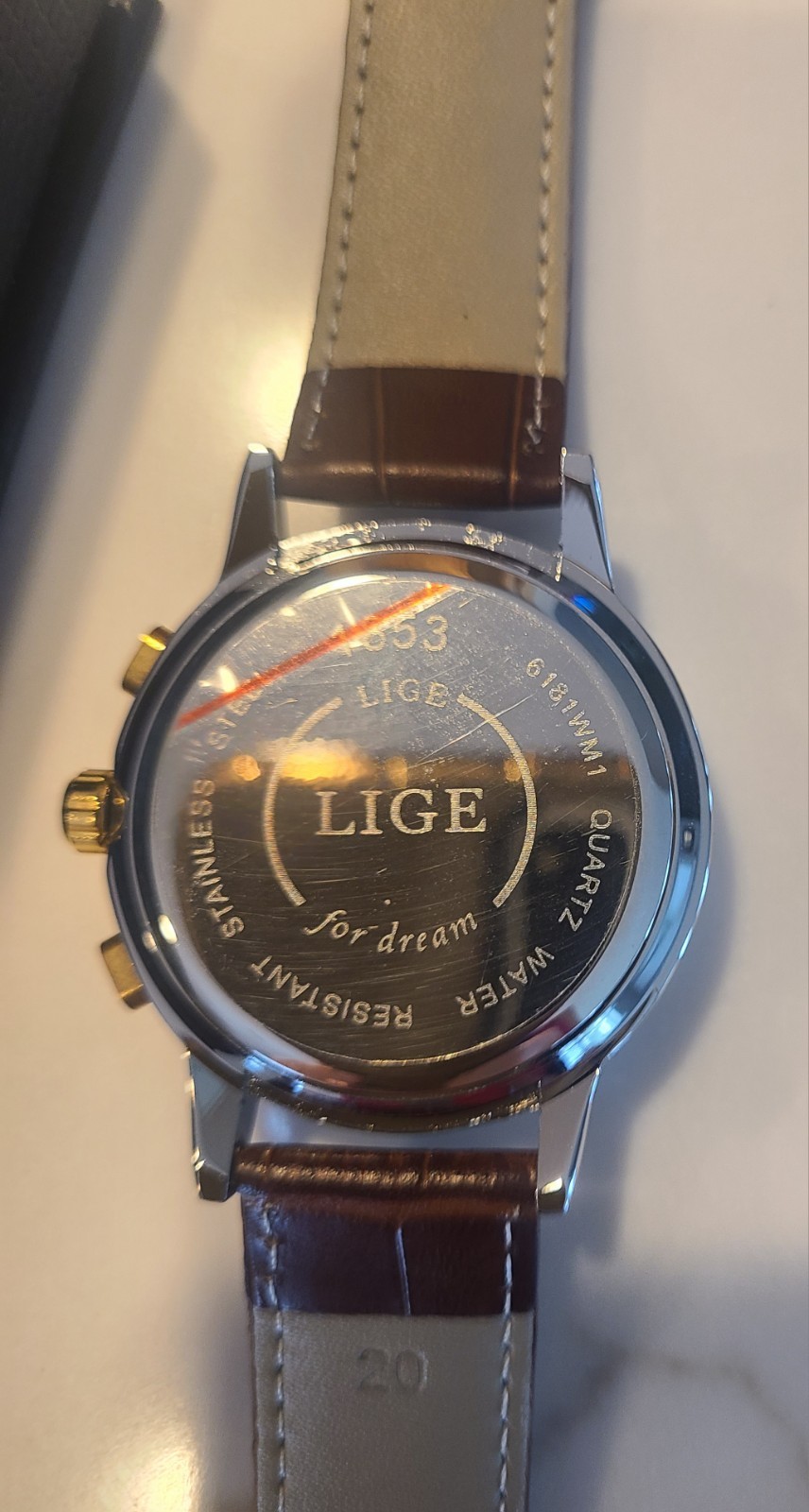 New In Box Men’s LIGE 1853 DREAM Chrono Watch Blue Dial LEATHER Instructions