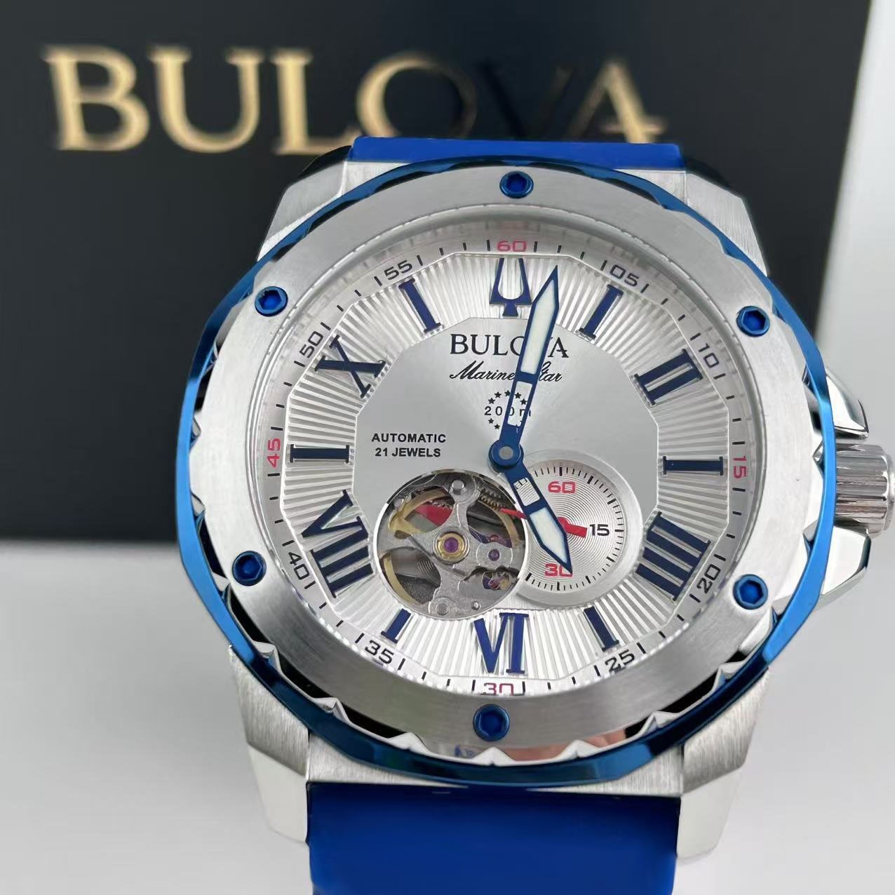 Bulova Marine Star 98A225 White Dial+Blue Rubber Strap Men’s Automatic Watch New