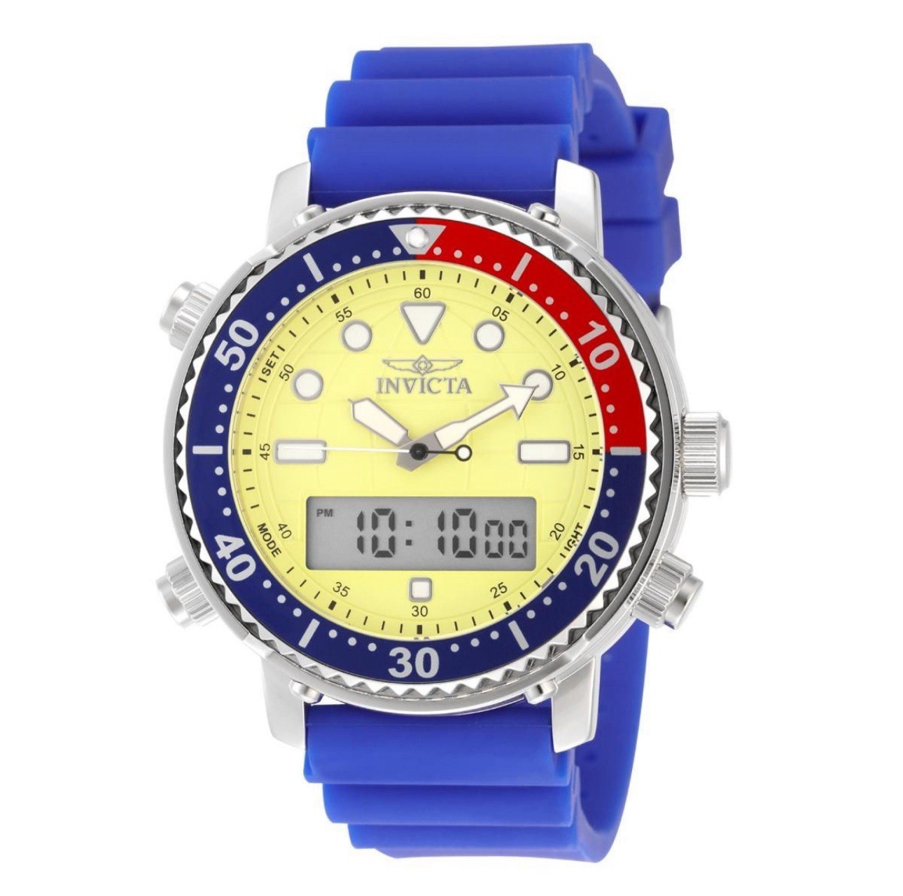 Invicta Pro Diver DigiQuartz Men Watch Blue Red Yellow 46.5mm PF21907 $249 MSRP