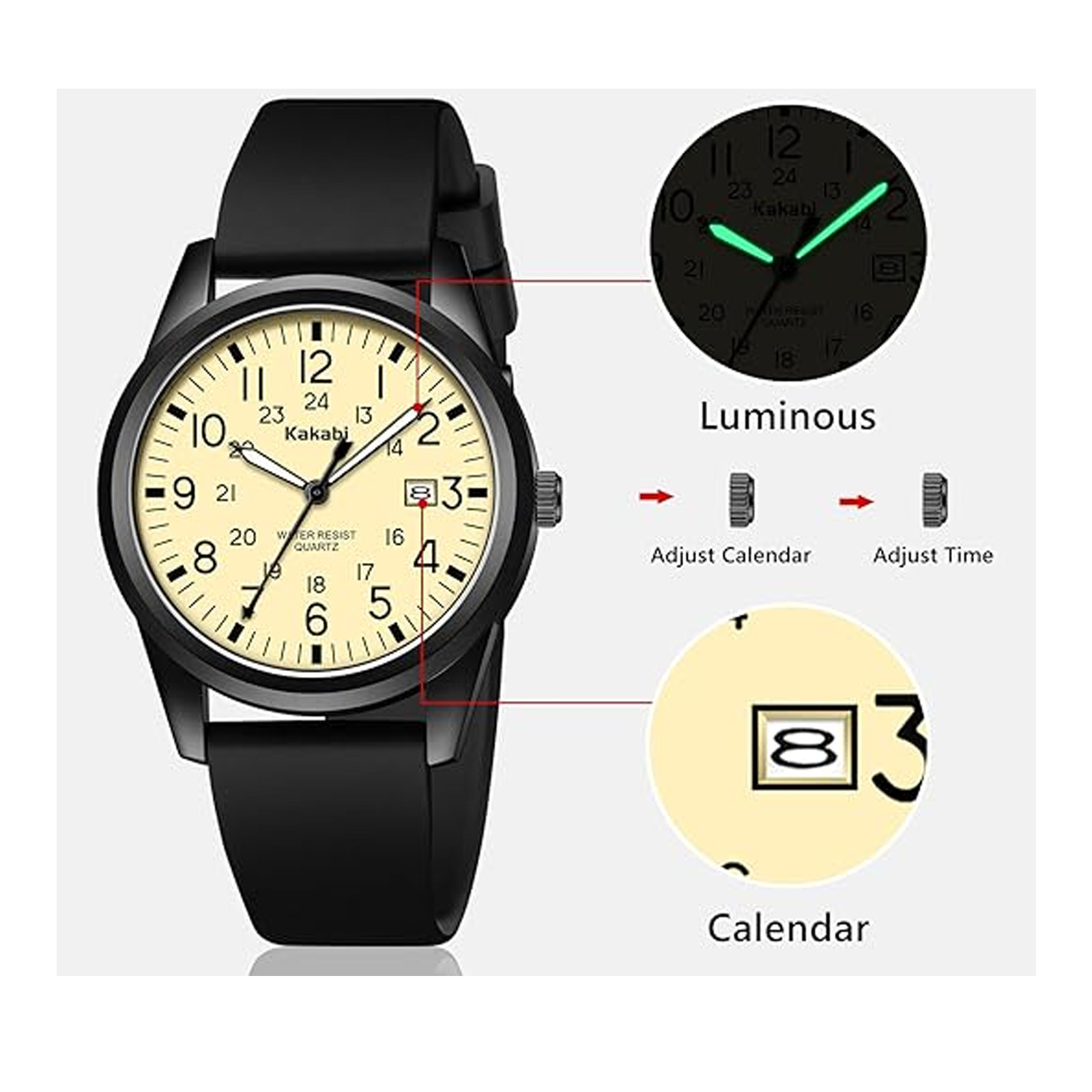 Japanese Quartz Movement Watch 39mm Case Silicone Band 30M Waterproof 12/24 Hour