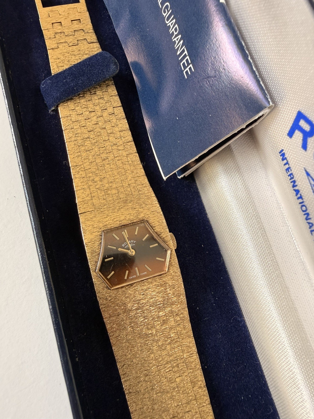 1970s Vintage Rotary 637 Ladies Tigers Eye Manual Gold Plated Watch Original Box