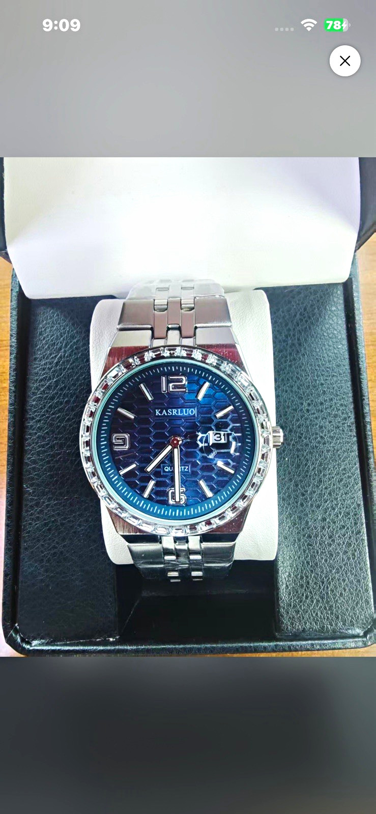 KASRLUO Men’s Quartz Wristwatch Blue Honeycomb Dial Date Silver Bracelet Box