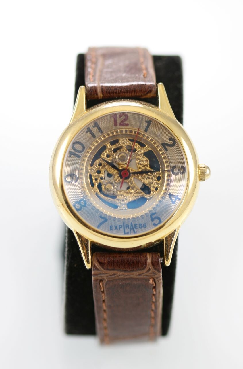 LA Express Women Watch Stainless Steel Gold Leather Brown Water Res Batt Quartz