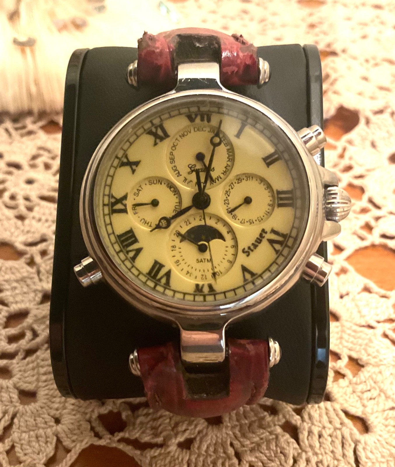Stauer Graves ‘33 Watch Cream Dial Silver Case, Moon Phase, Auto, New Strap Incl
