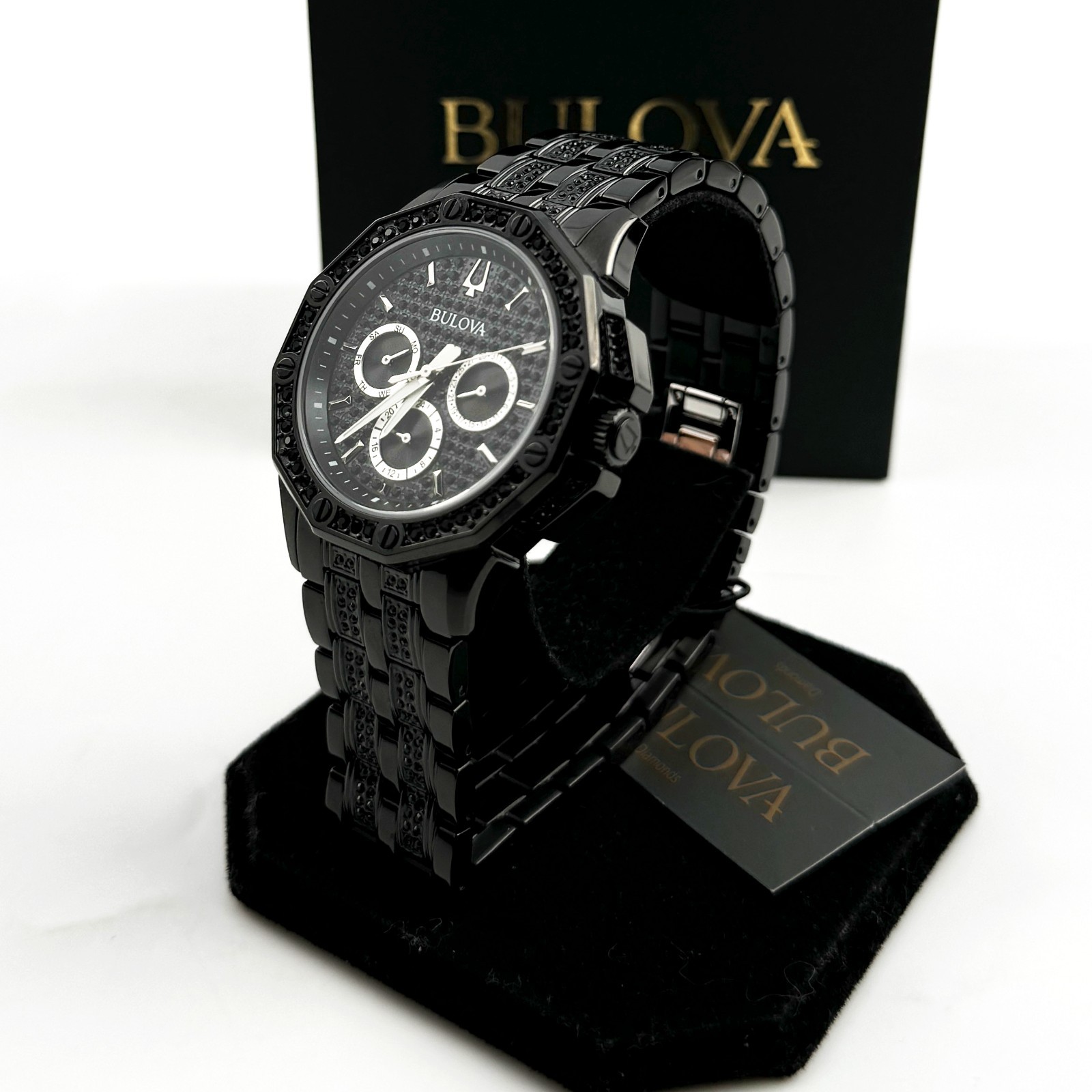 Bulova Crystal Octava 98C134 Quartz Black Pave Dial Stainless Men’s Watch 41.5mm