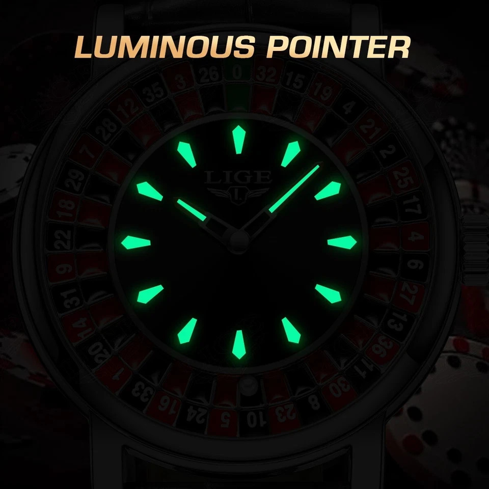 LIGE Mens Watch Quartz Chronograph Leather Strap Luminous Luxury Man Wristwatch