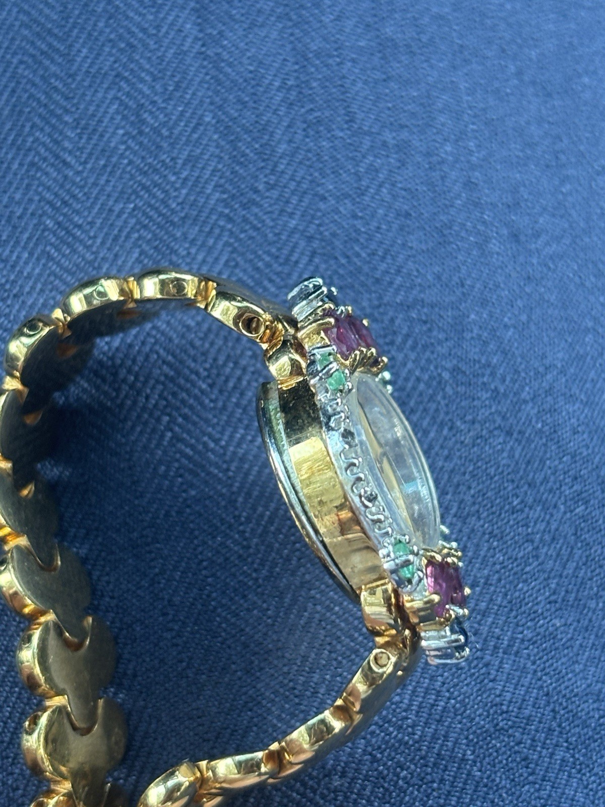 Vtg Pulsar Watch Women Ruby Sapphire Emerald Diamond V400-L312 7.25″