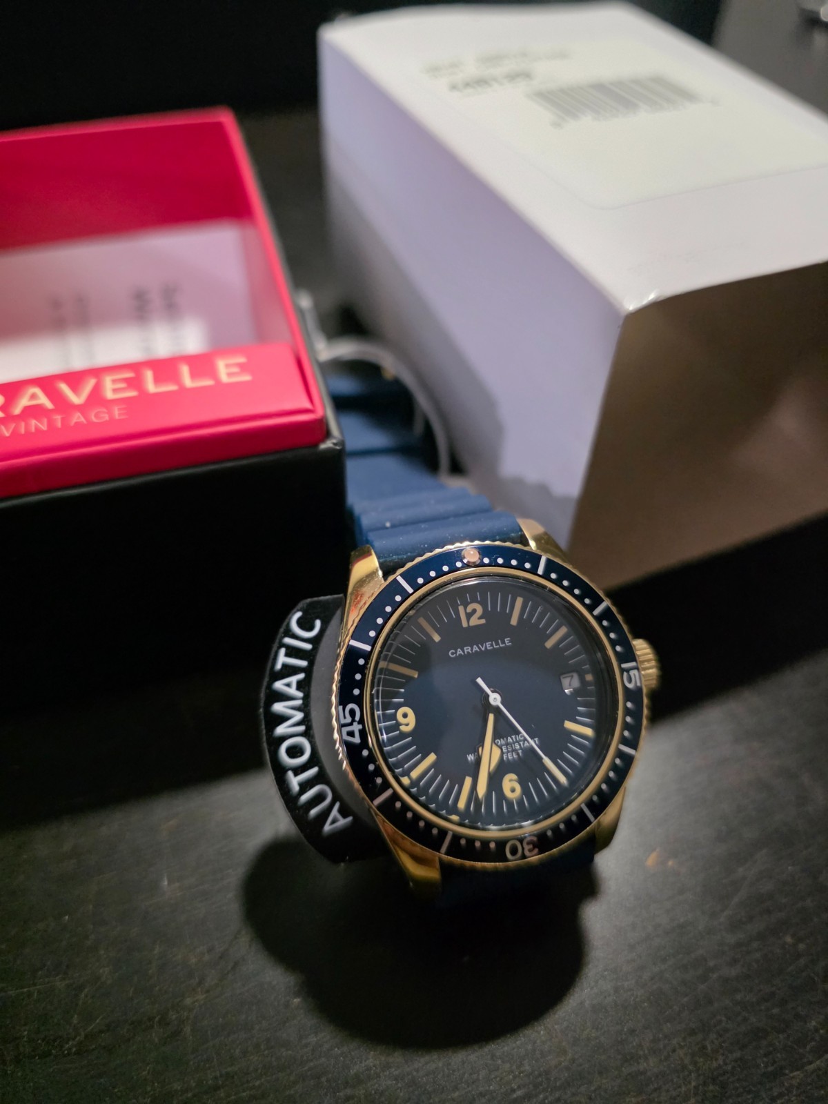 Vintage Caravelle Sea Hunter Dive Watch 44B129 Gold Blue Rubber Strap 2026 NEW