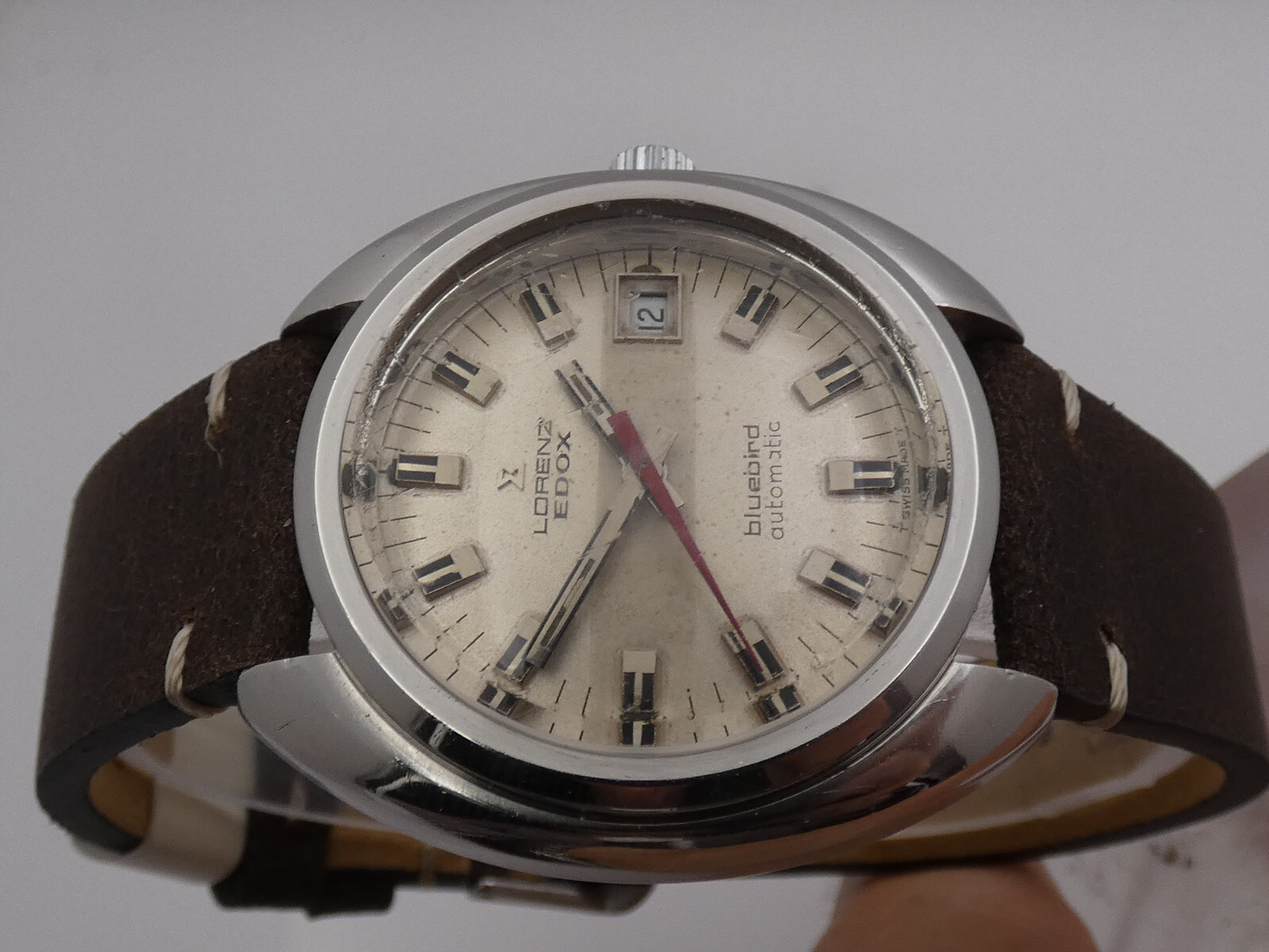 LORENZ EDOX BLUBIRD CUSHION OVERSIZE 38,5mm AUTOMATIC STEEL YEARS ’70s WATCH