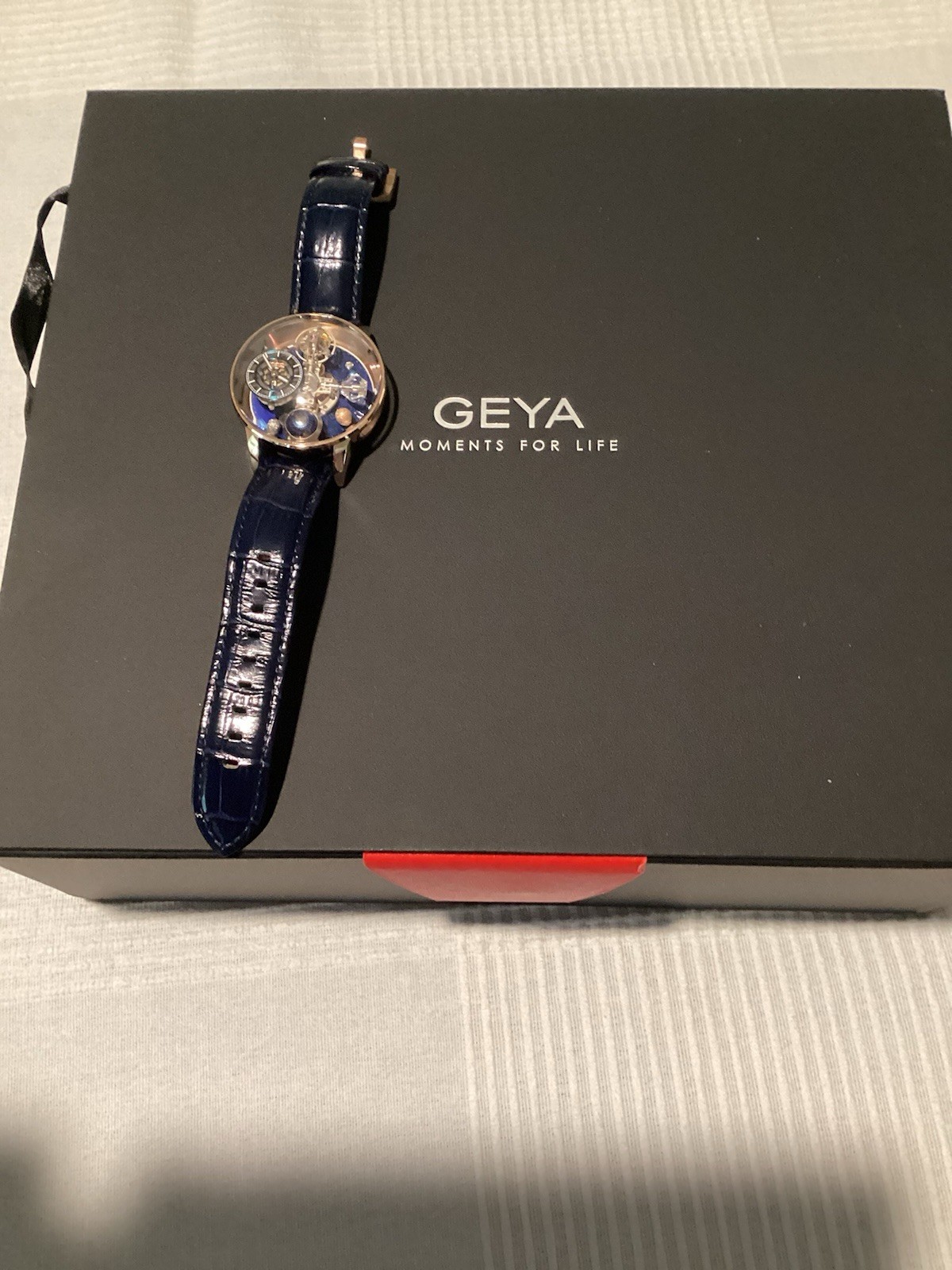 GEYA Men’s Automatic Skeleton Watch Blue Dial Gold Tone 44mm Box & Papers