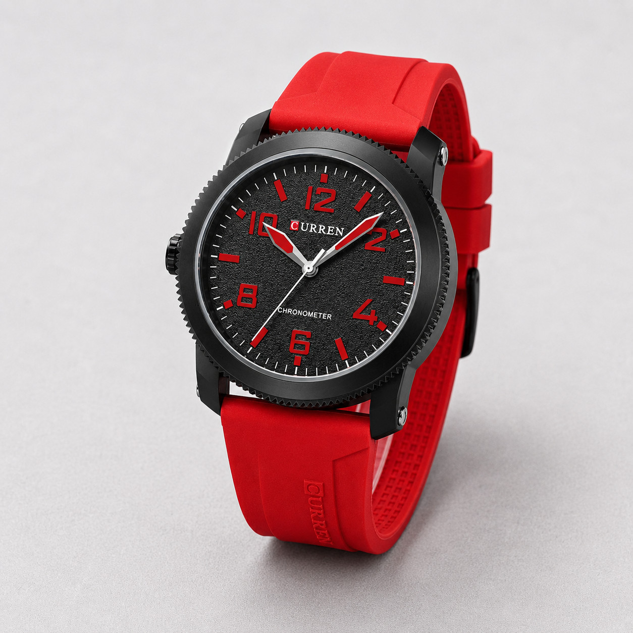 CURREN Men’s Sport Watch Black Red Silicone Strap Quartz Chronometer 46mm