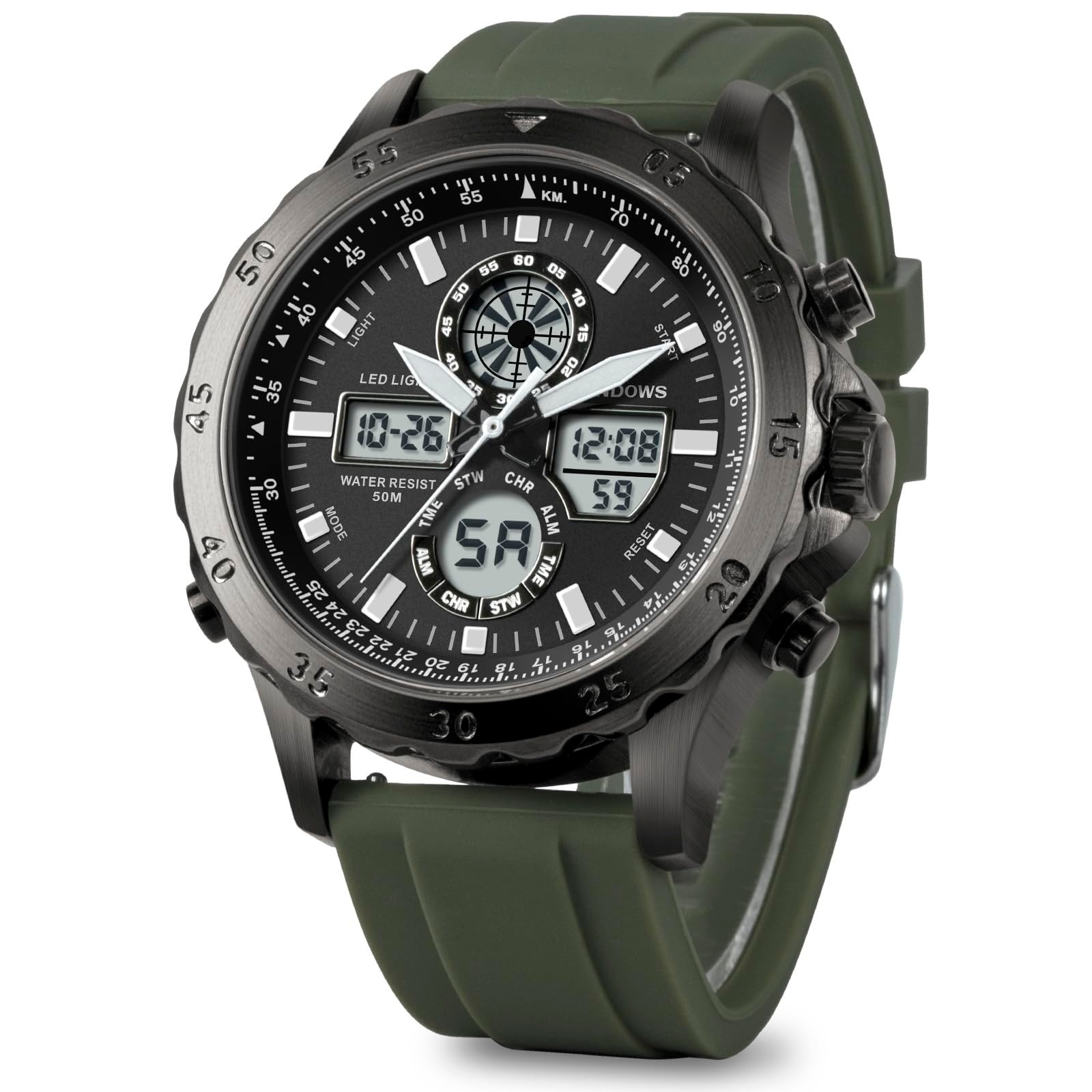 PINDOWS Men’s Waterproof Military Digital Analog Sport Watch