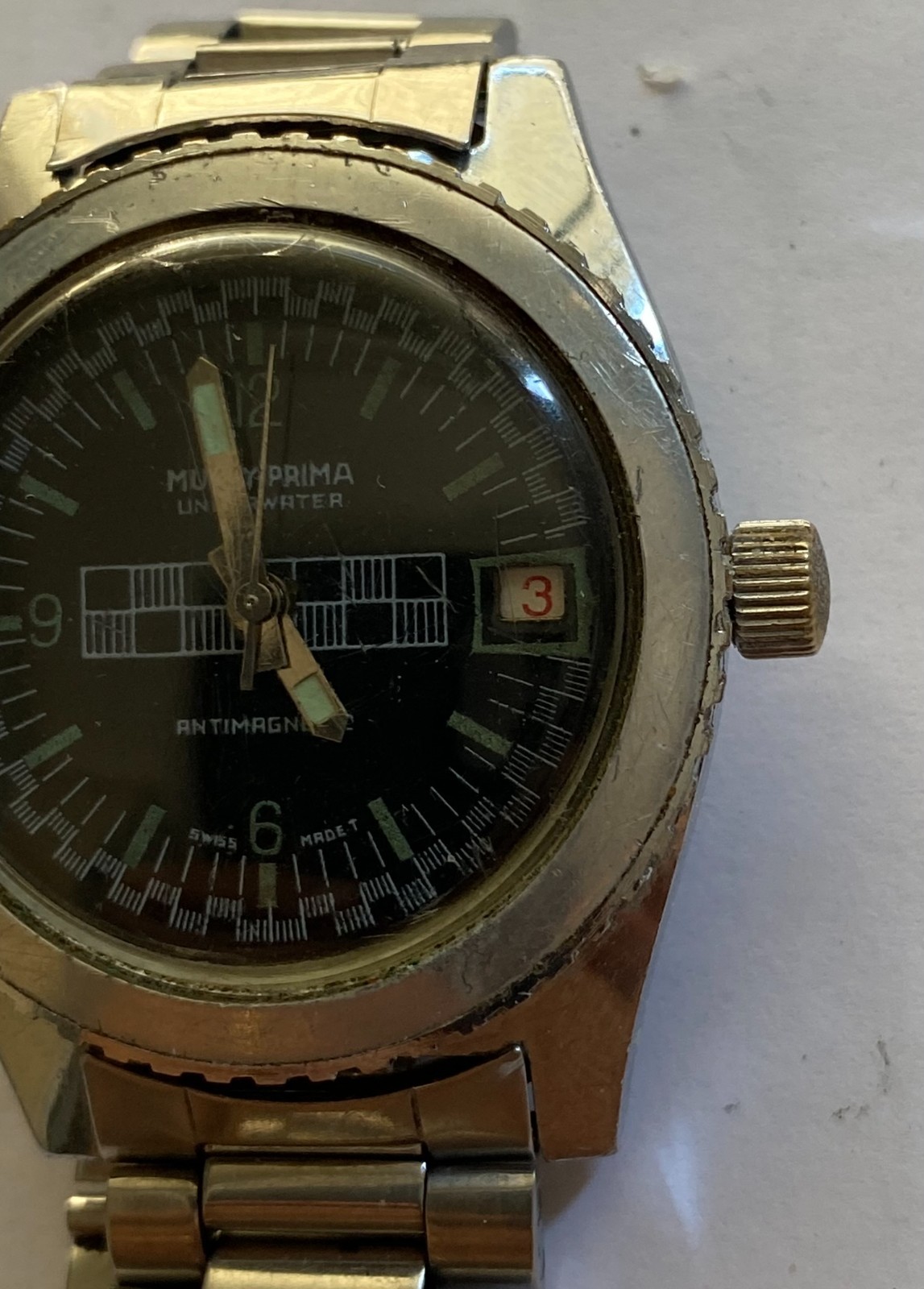 Vintage 1960s-1970s Multy-Prima 37mm Underwater diver watch. Swiss Made.